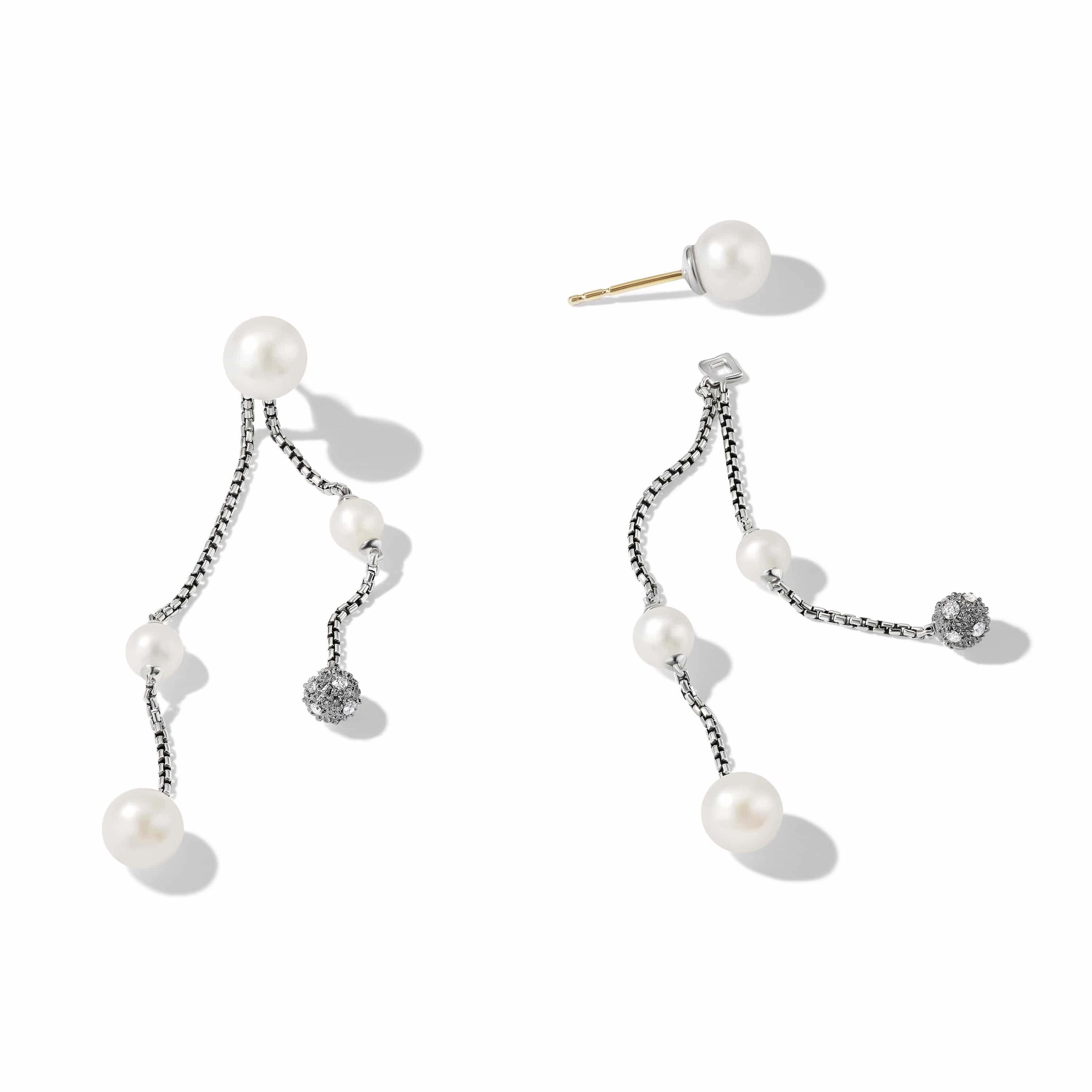 Pearl and Pavé Two Row Drop Earrings in Sterling Silver with Diamonds - Image 3
