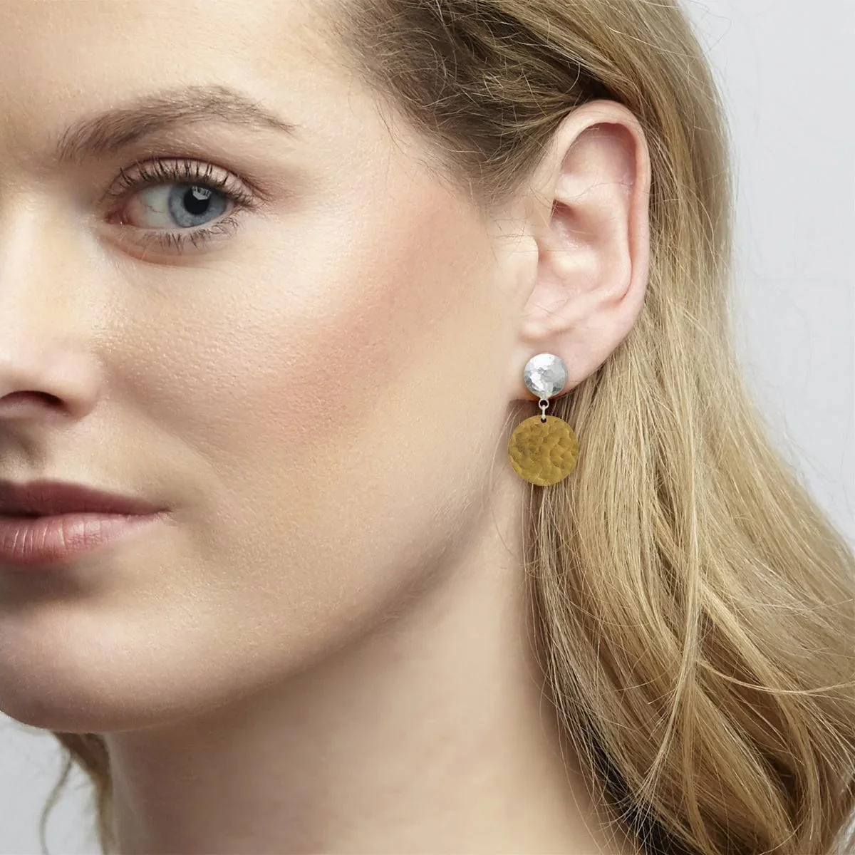 Sterling Silver and 24K Yellow Gold Button Disc Drop Earrings - Image 2