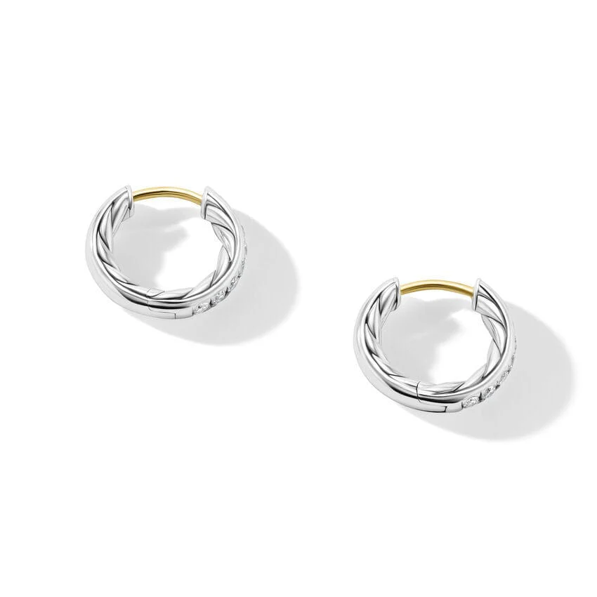 Sculpted Cable Huggie Hoop Earrings in Sterling Silver with Diamonds - Image 2