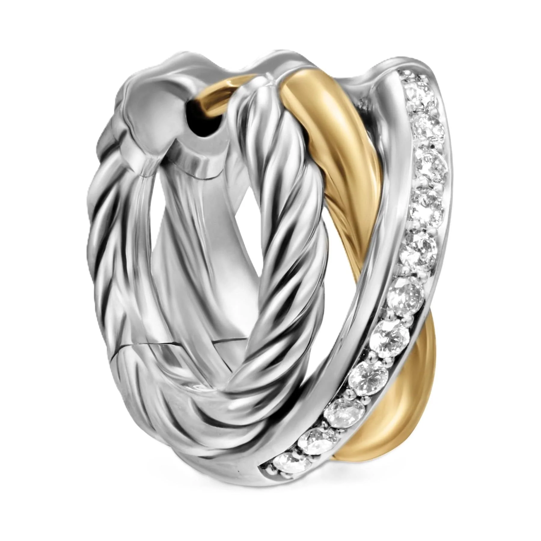 Crossover Three Row Huggie Hoop Earrings Sterling Silver with 18K Yellow Gold, 13mm - Image 3