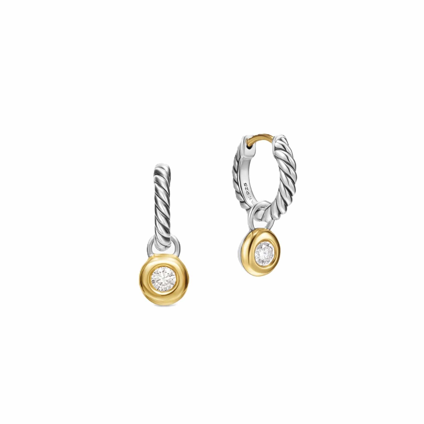 Petite Cable Huggie Drop Earrings Sterling Silver with 14K Yellow Gold and Diamonds, 17.5mm - Image 2