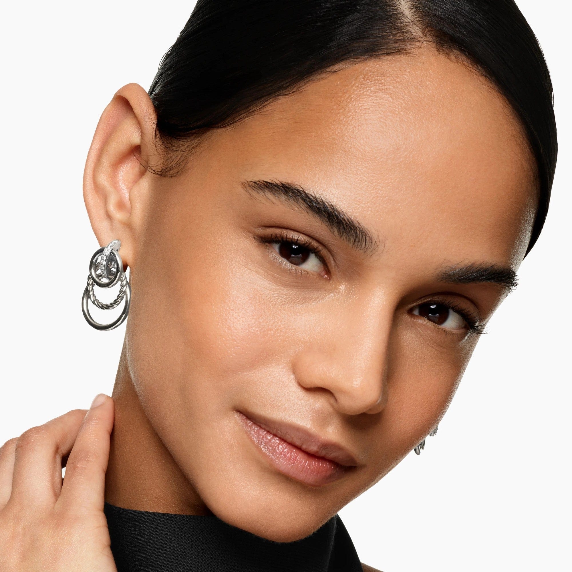 DY Mercer® Triple Ring Drop Earrings Sterling Silver with Diamonds, 35.6mm - Image 3