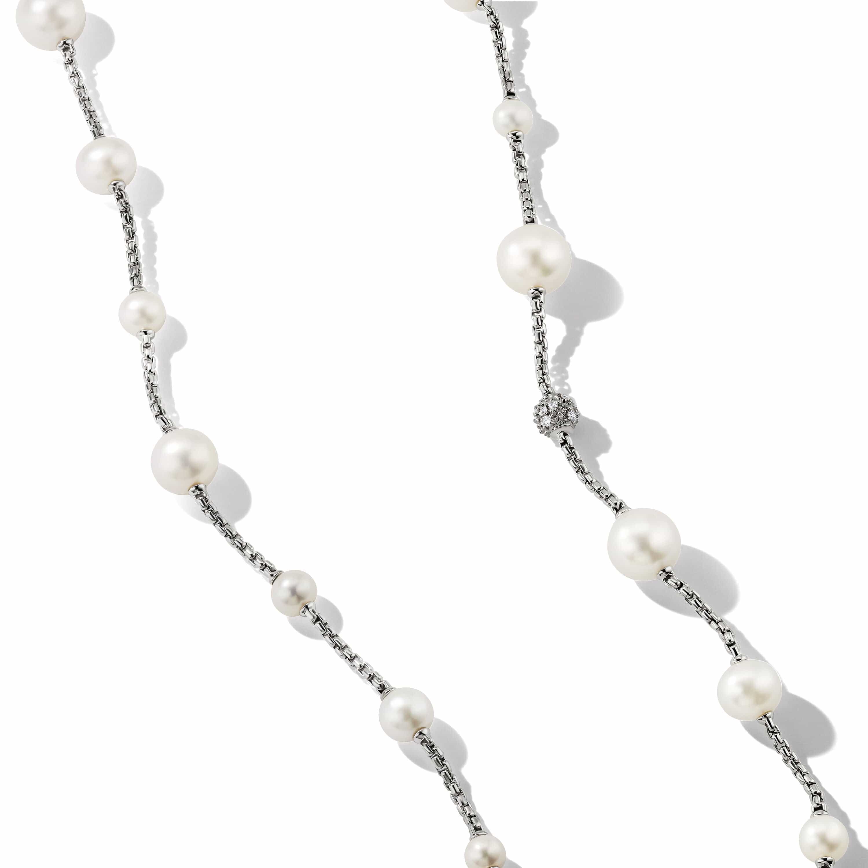 Pearl and Pavé Station Necklace in Sterling Silver with Diamonds - Image 2