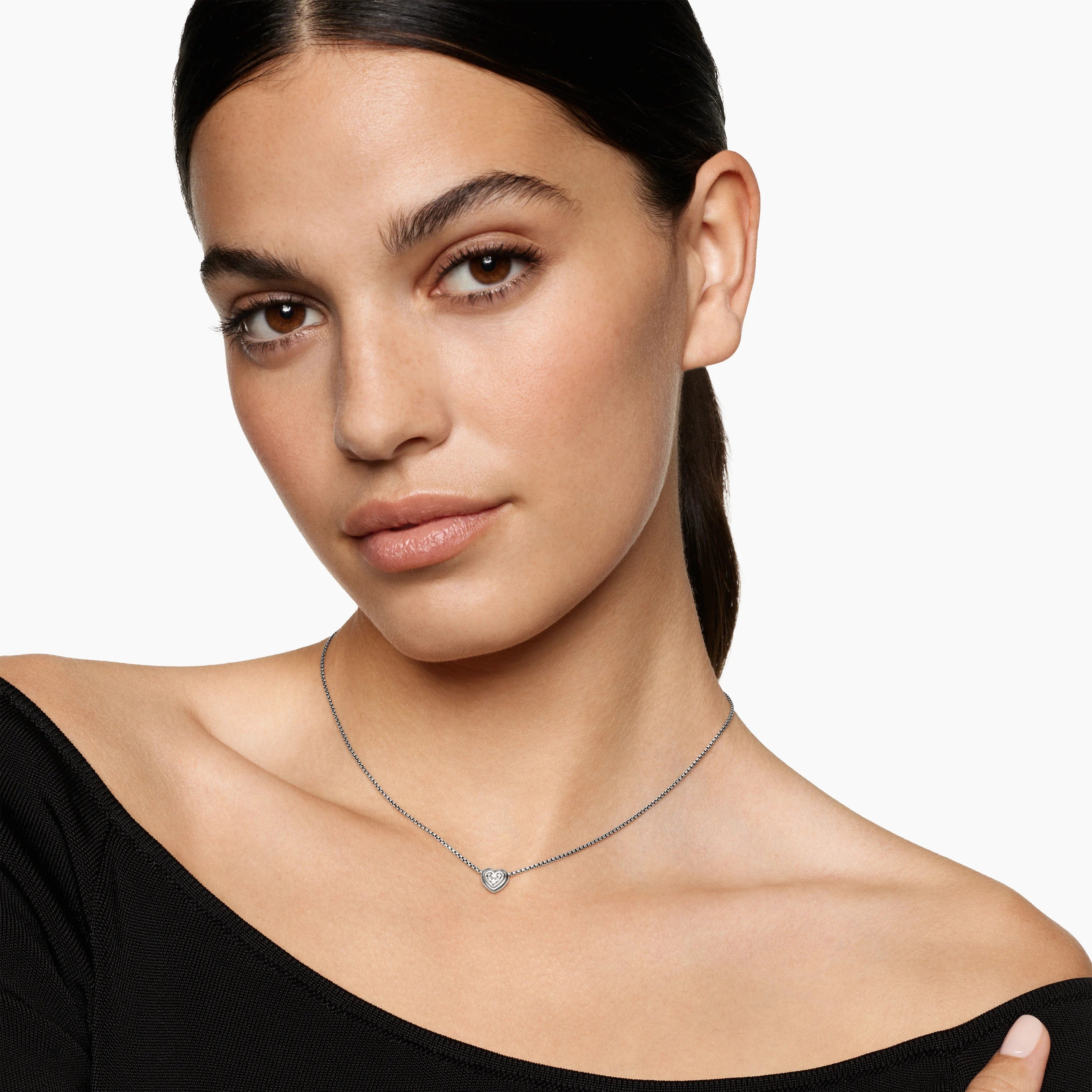 Puffy Heart Pendant Necklace Sterling Silver with Diamonds, 7.8mm - Image 4
