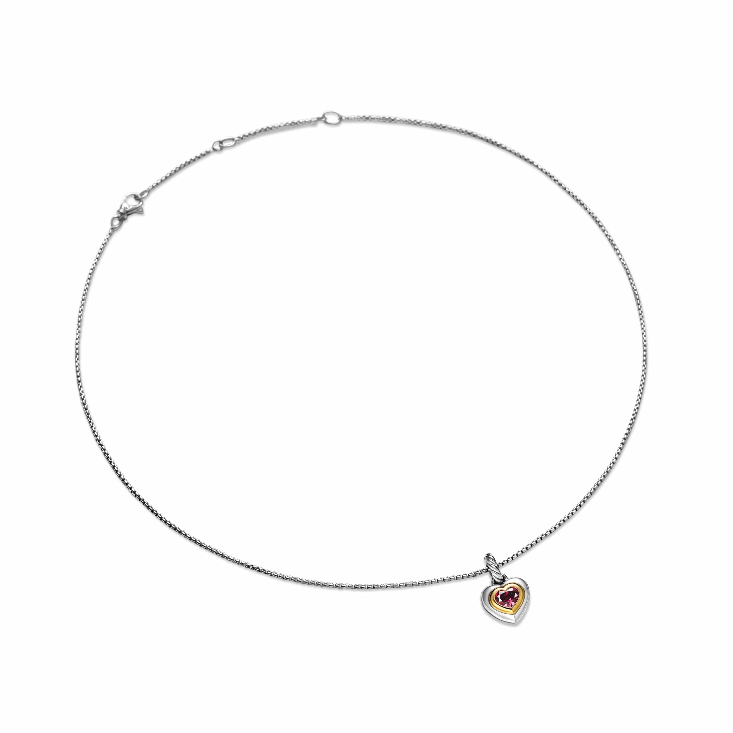 Petite Cable Heart Pendant Necklace in Sterling Silver with 14K Yellow Gold and Rhodolite Garnet, 17.1mm - Image 3
