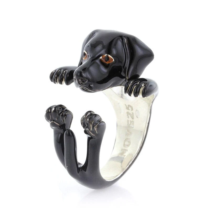 Sterling Silver Enamel Black Labrador Hug Ring
