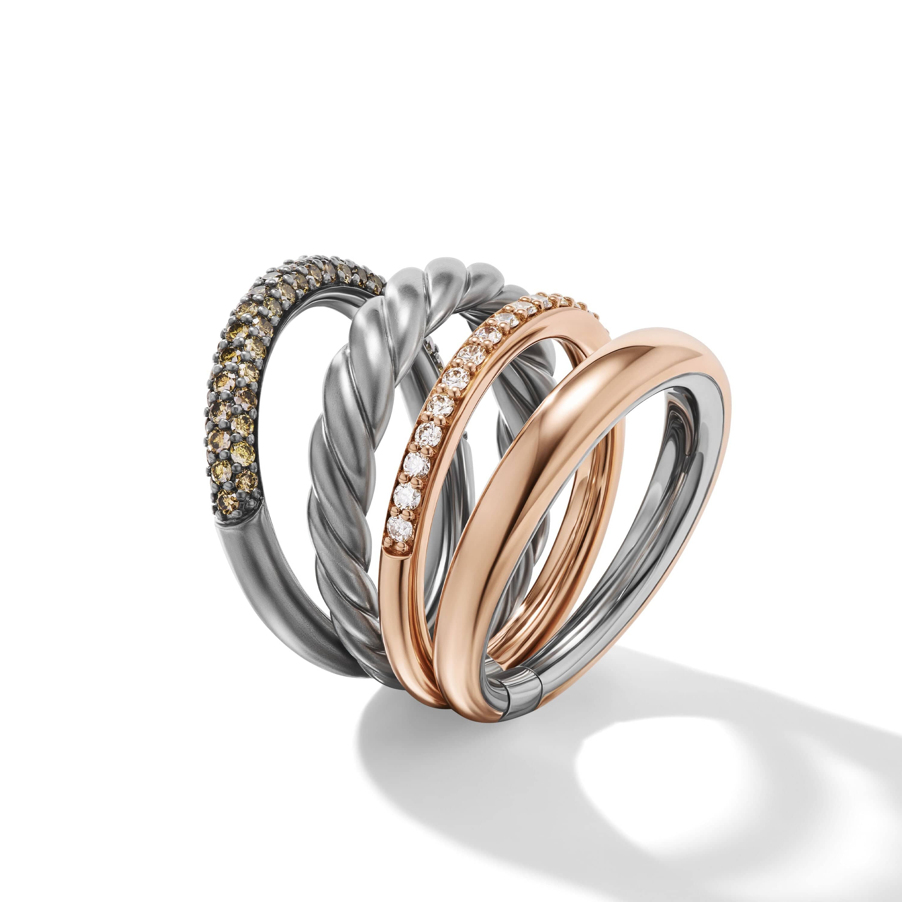 DY Mercer Melange Multi Row Ring in Sterling Silver with 18K Rose Gold and Pavé Diamonds - Image 2