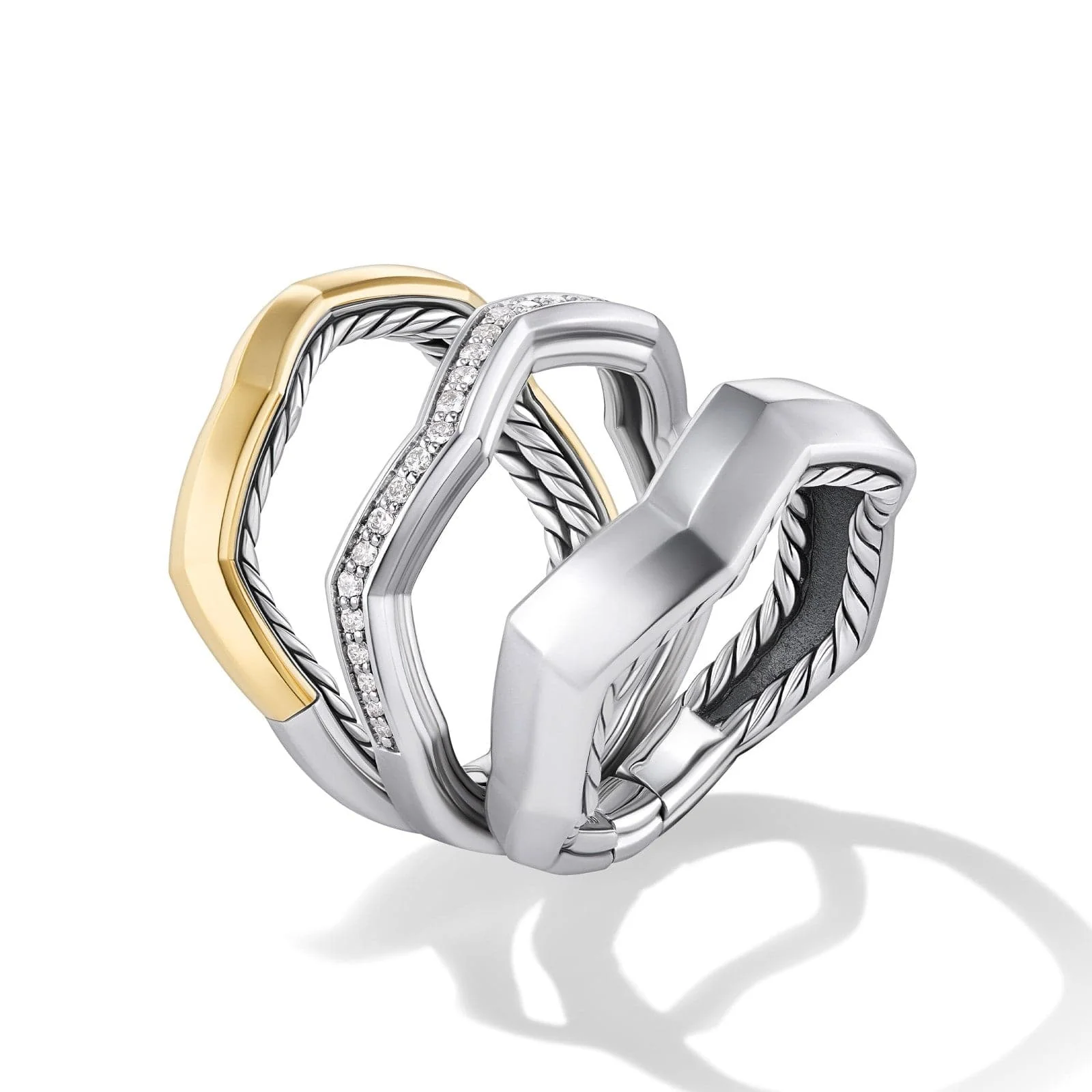 Zig Zag Stax™ Three Row Ring in Sterling Silver with 18K Yellow Gold and Diamonds, 11.7mm - Image 2