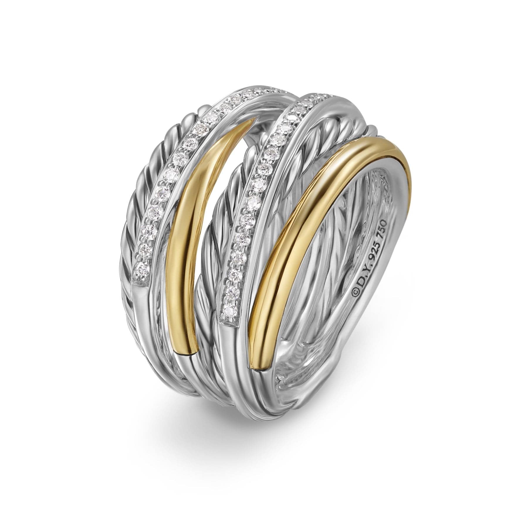 Crossover Seven Row Ring Sterling Silver with 18K Yellow Gold and Diamonds, 16mm - Image 2