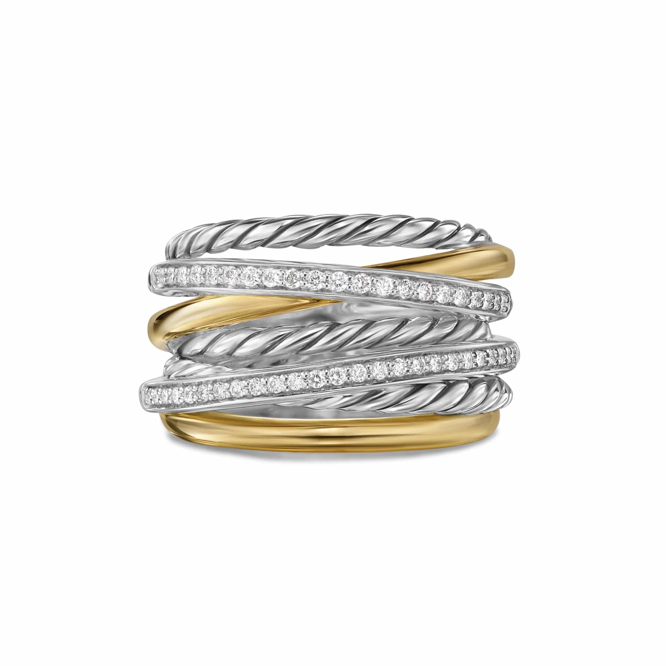 Crossover Seven Row Ring Sterling Silver with 18K Yellow Gold and Diamonds, 16mm - Image 3