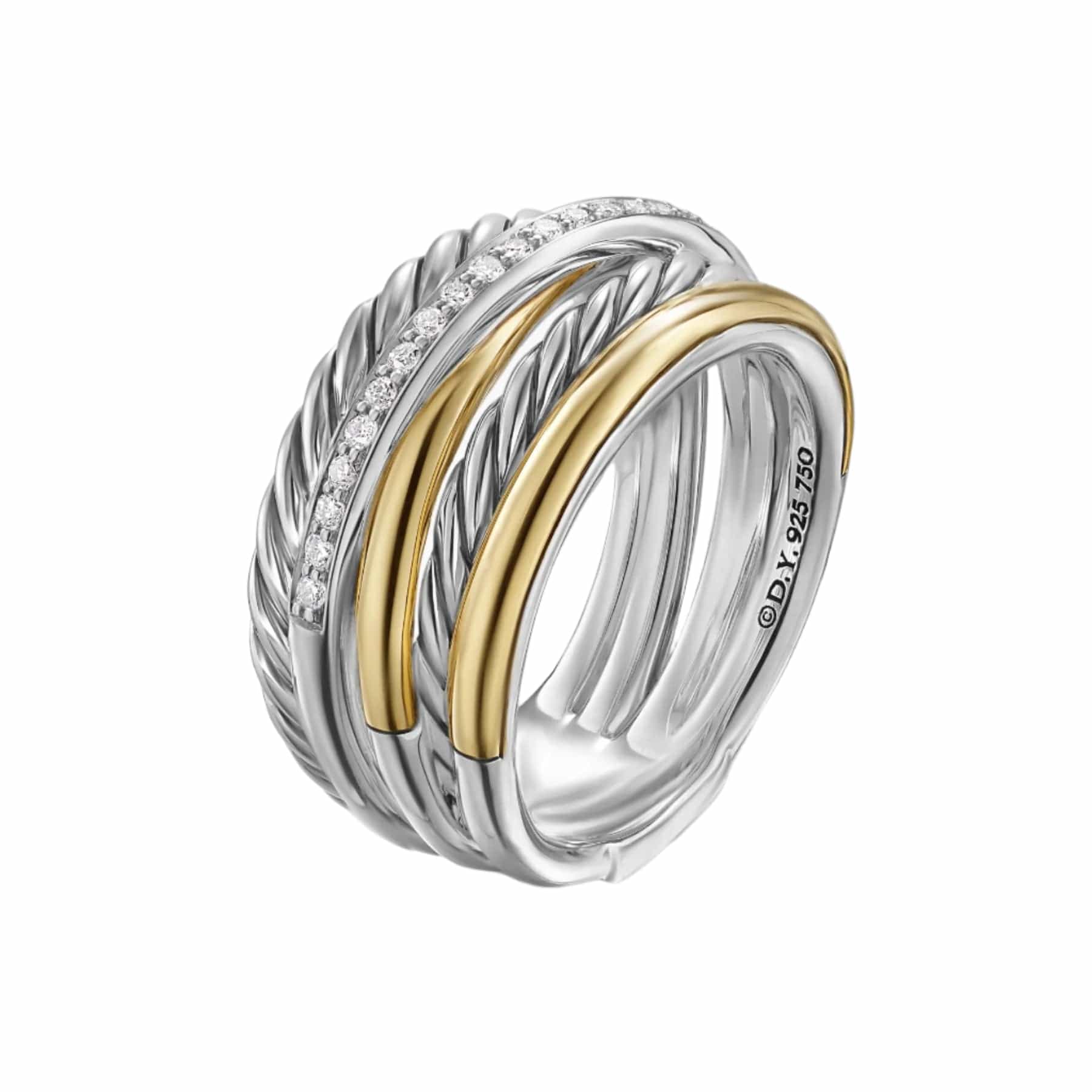Crossover Five Row Ring Sterling Silver with 18K Yellow Gold and Diamonds, 11mm - Image 2
