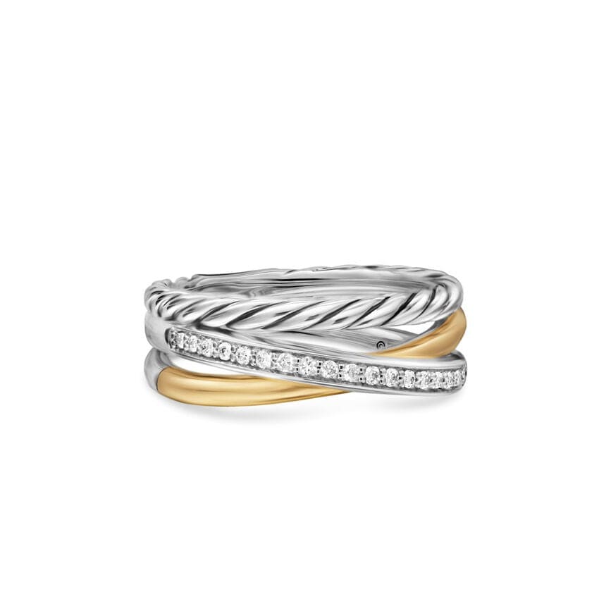 Crossover Three Row Ring Sterling Silver with 18K Yellow Gold and Diamonds, 7mm