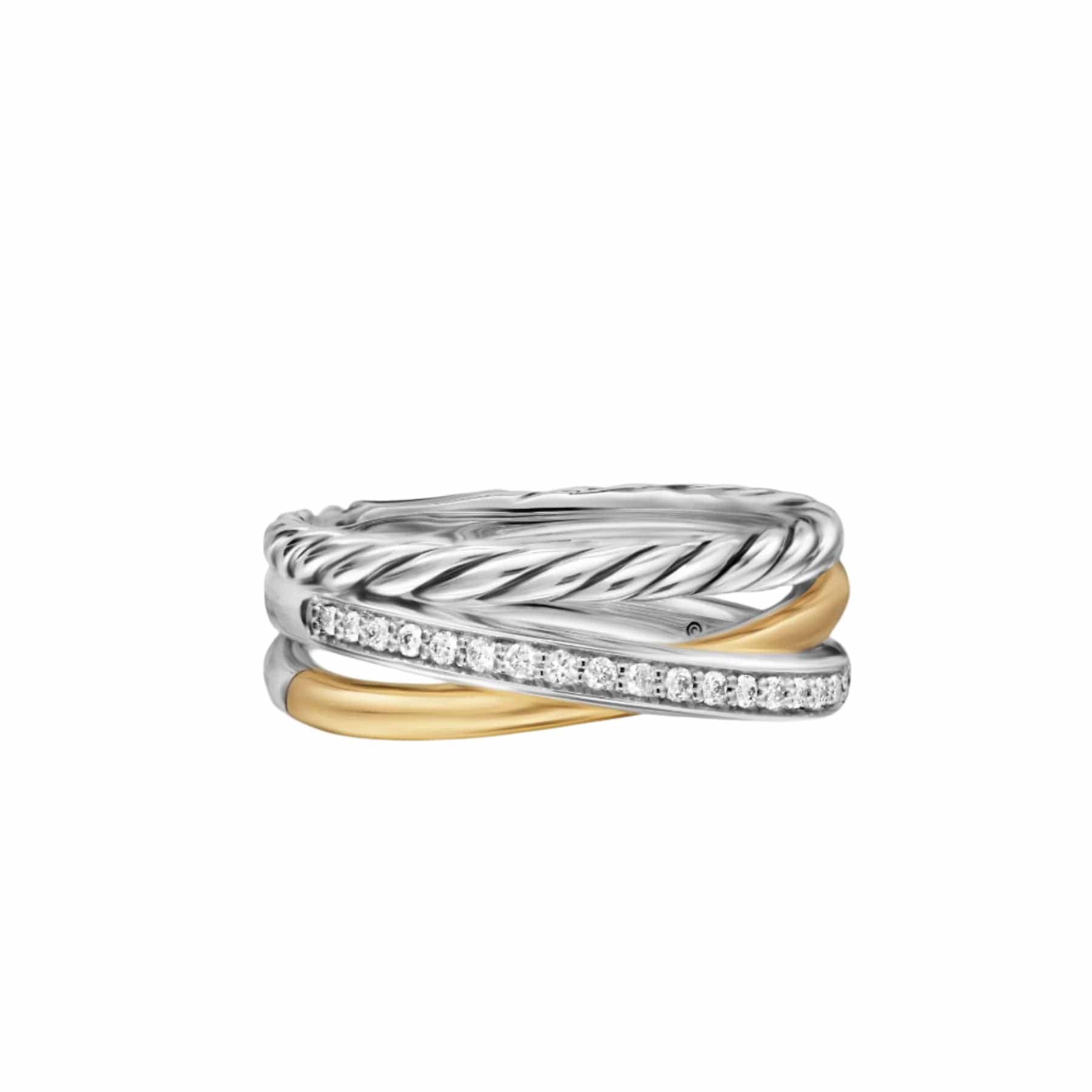 Crossover Three Row Ring Sterling Silver with 18K Yellow Gold and Diamonds, 7mm