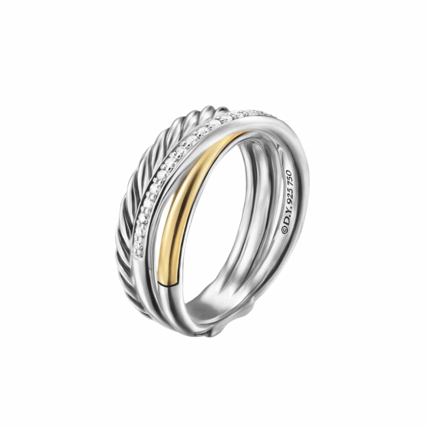 Crossover Three Row Ring Sterling Silver with 18K Yellow Gold and Diamonds, 7mm - Image 2
