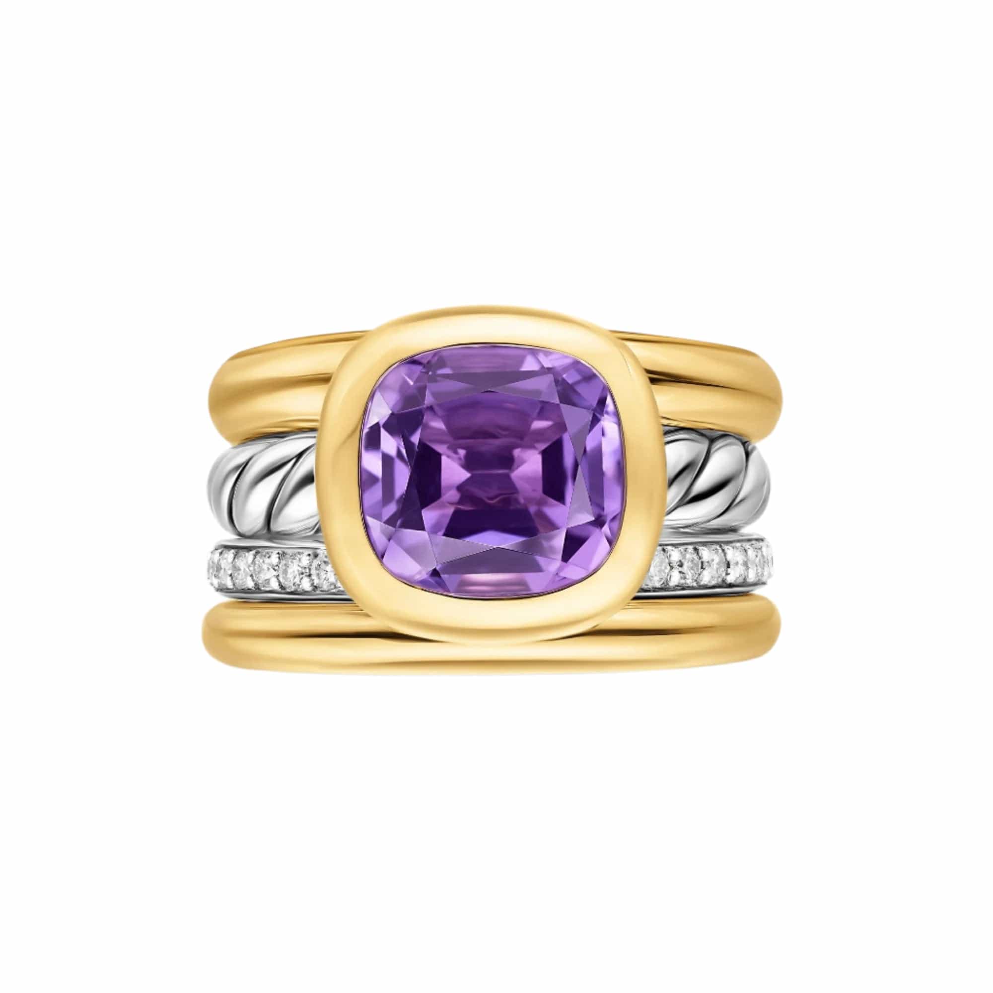 DY Mercer® Four Row Stone Ring Sterling Silver with 18K Yellow Gold, Amethyst and Diamonds, 14mm - Image 3
