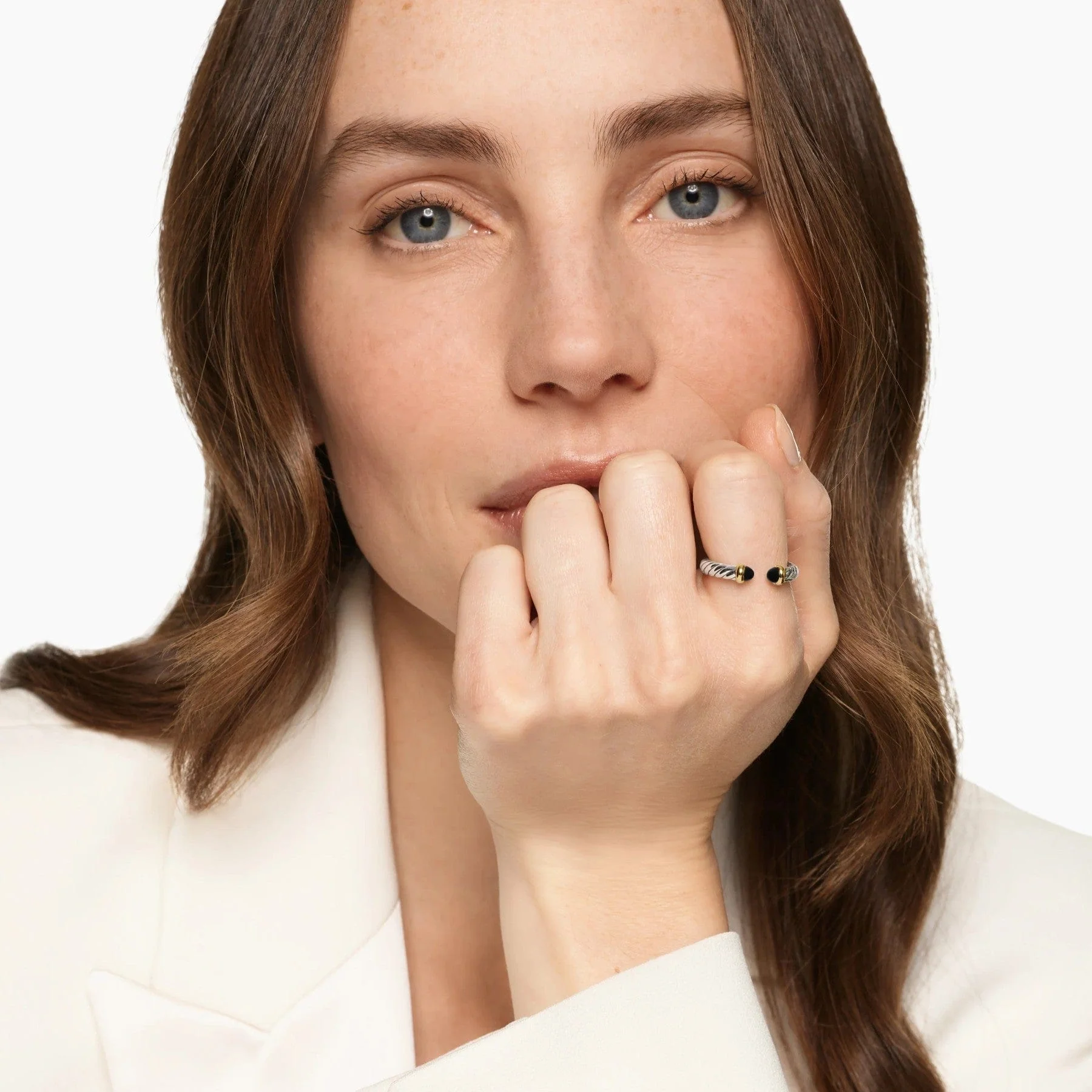 Petite Cable Open Ring Sterling Silver with 14K Yellow Gold and Black Onyx, 3.4mm - Image 3