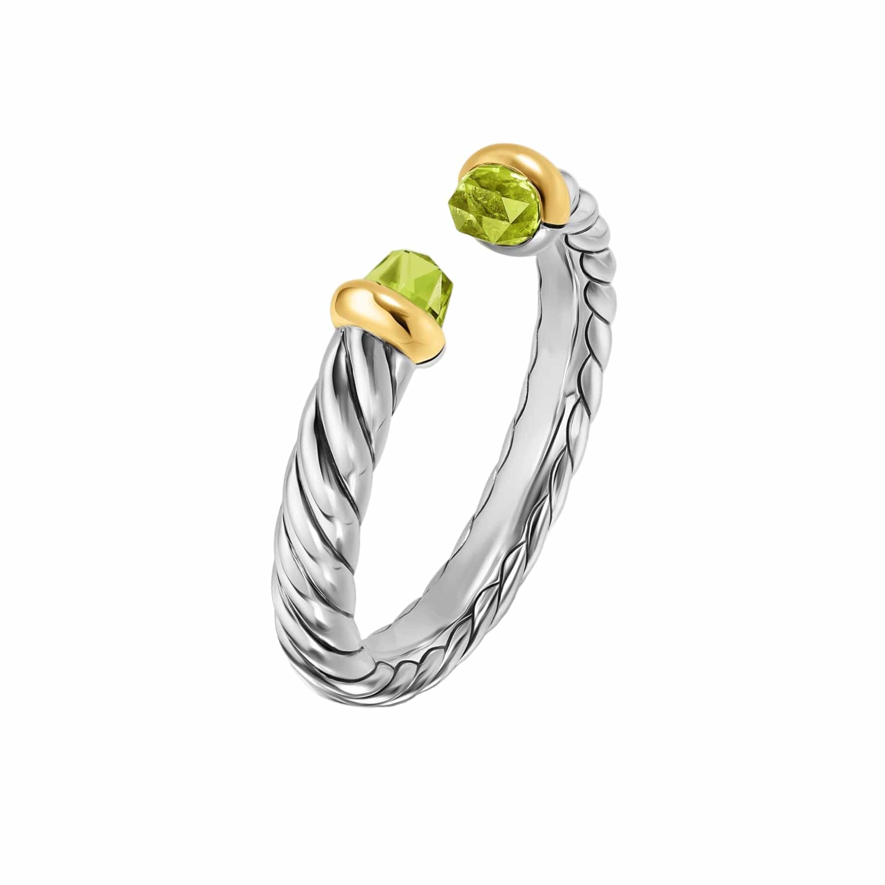 Petite Cable Open Ring Sterling Silver with 14K Yellow Gold and Peridot, 3.4mm - Image 2
