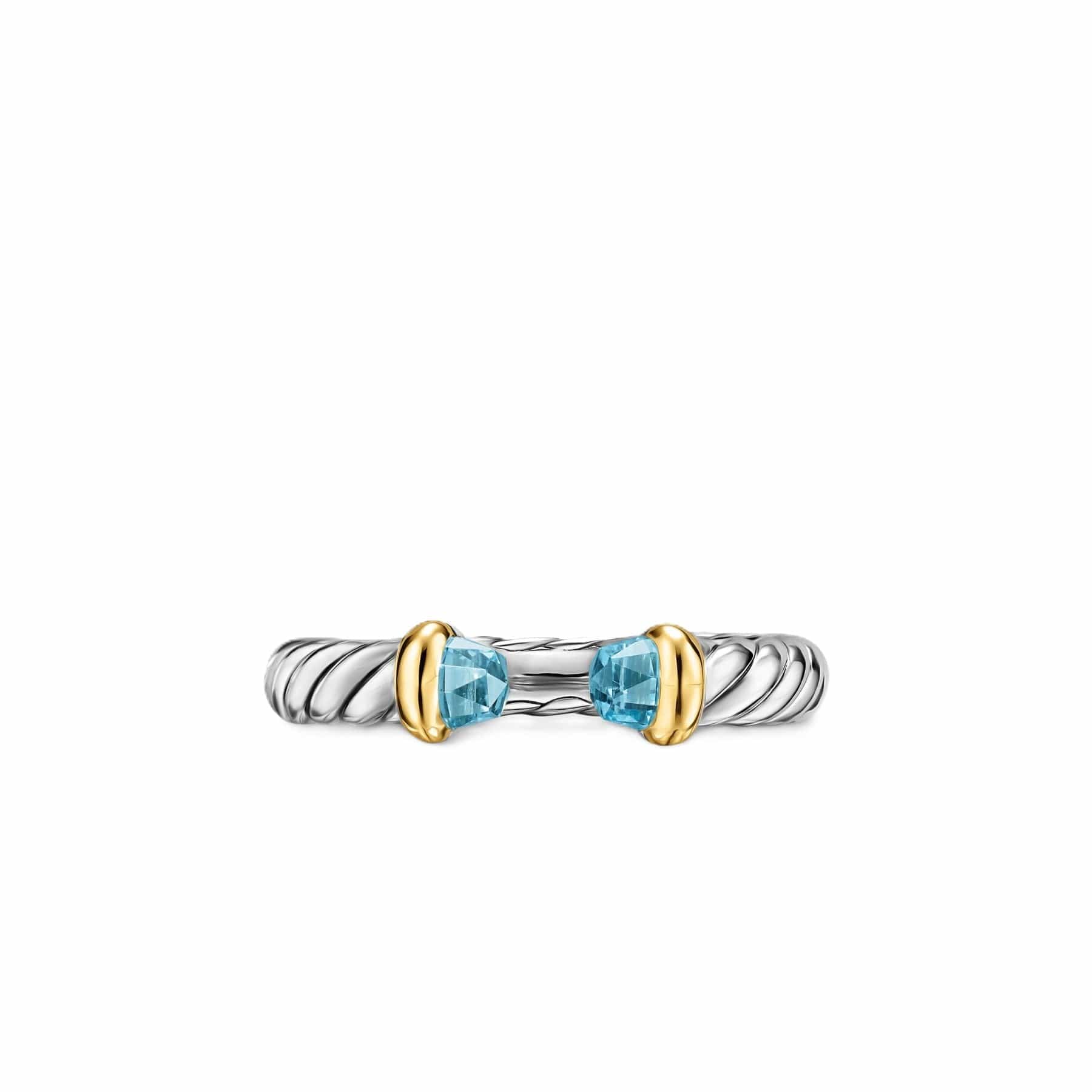 Petite Cable Open Ring Sterling Silver with 14K Yellow Gold and Blue Topaz, 3.4mm - Image 4