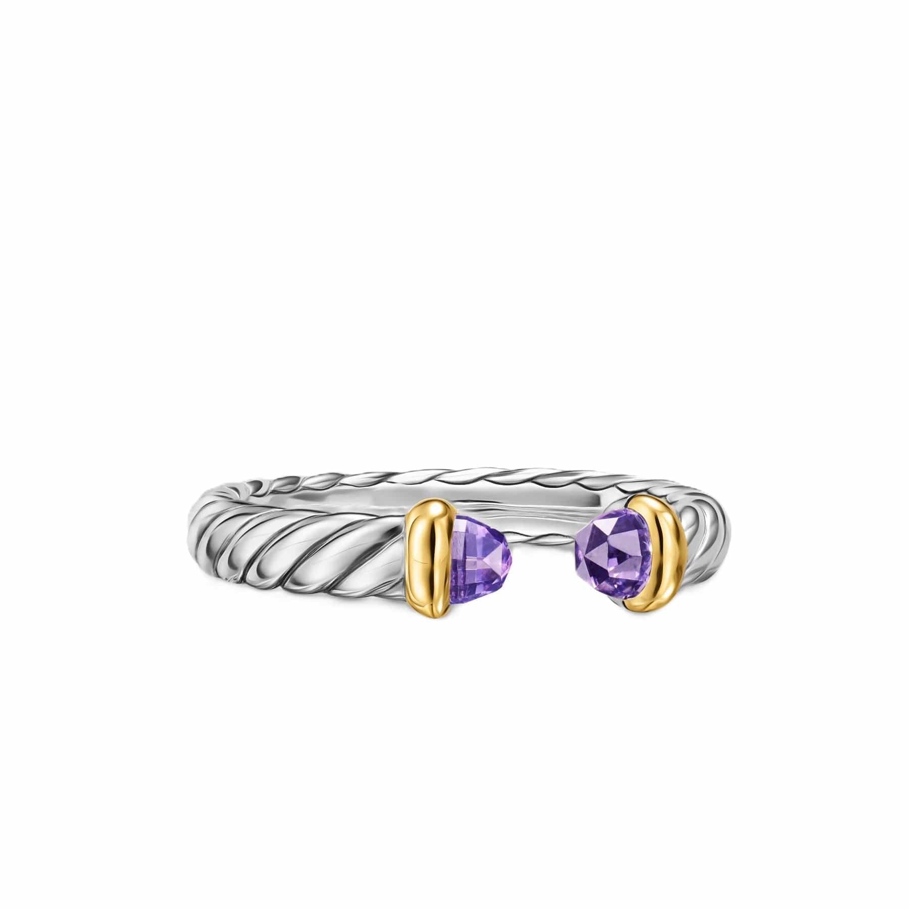 Petite Cable Open Ring Sterling Silver with 14K Yellow Gold and Amethyst, 3.4mm