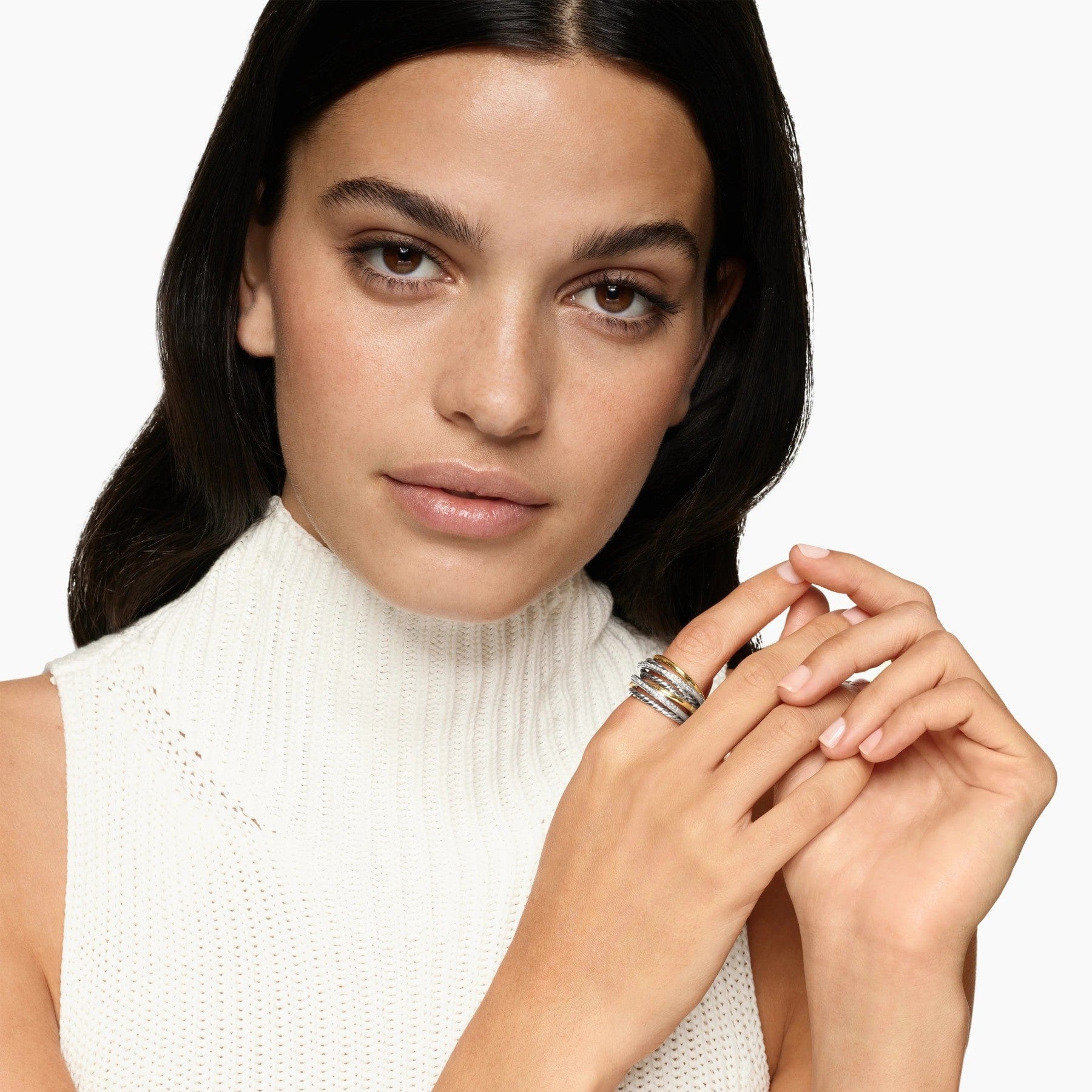 Crossover Seven Row Ring Sterling Silver with 18K Yellow Gold and Diamonds, 16mm - Image 3