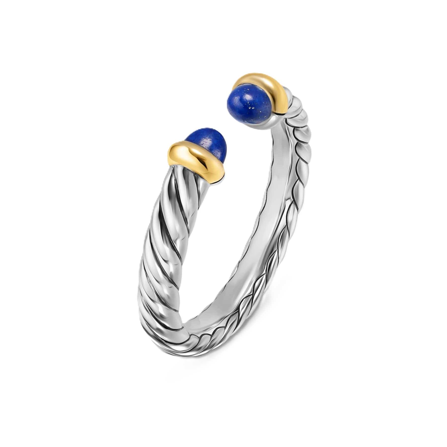 Petite Cable Open Ring Sterling Silver with 14K Yellow Gold and Lapis, 3.4mm - Image 2
