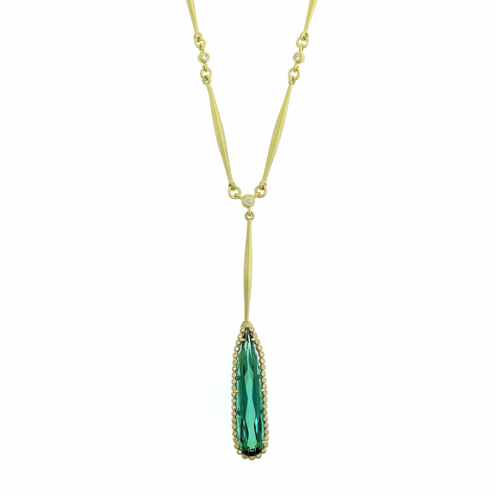 Suzy Landa 18K Yellow Gold Elongated Pear Shaped Green Tourmaline and Diamond Pendant Necklace