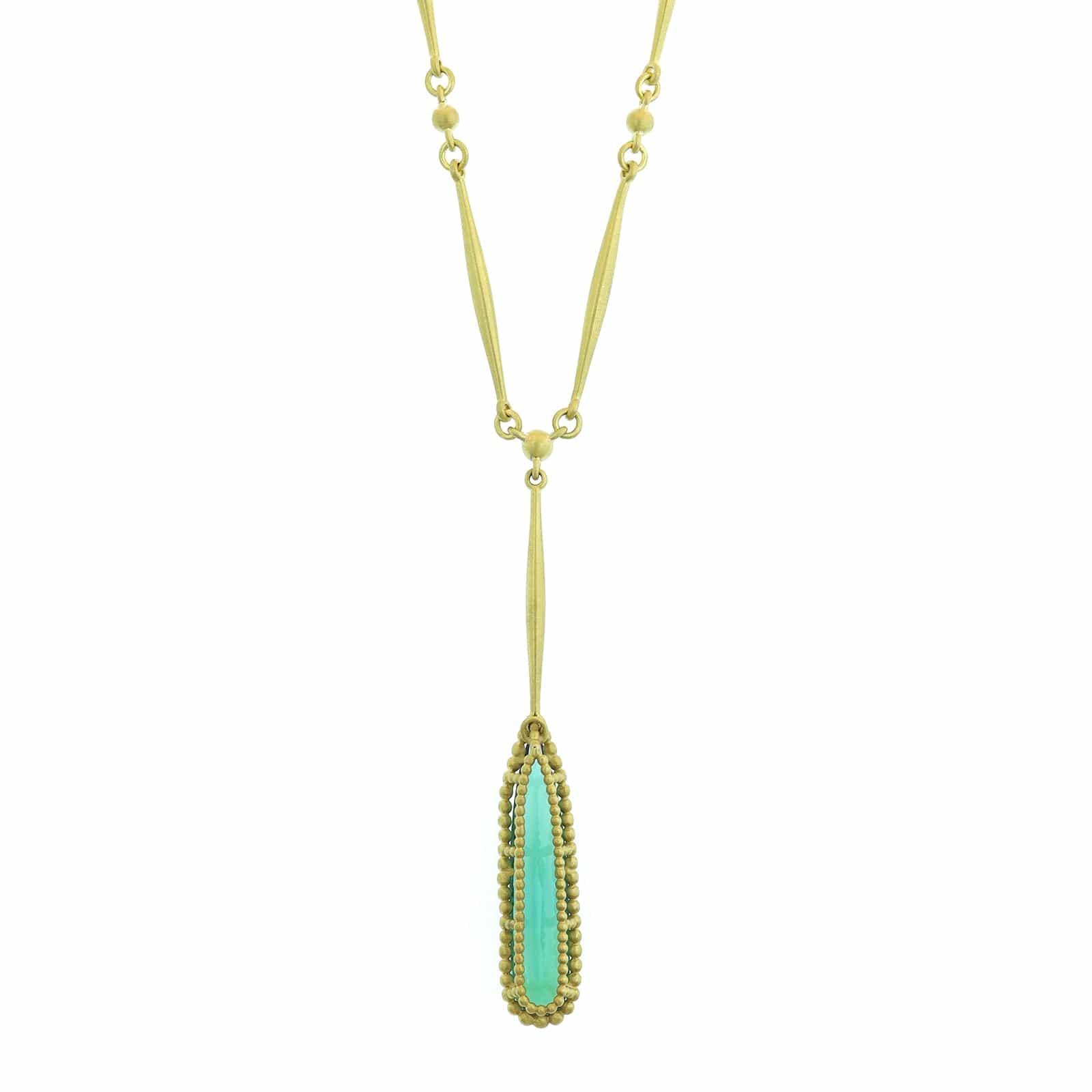 Suzy Landa 18K Yellow Gold Elongated Pear Shaped Green Tourmaline and Diamond Pendant Necklace - Image 2