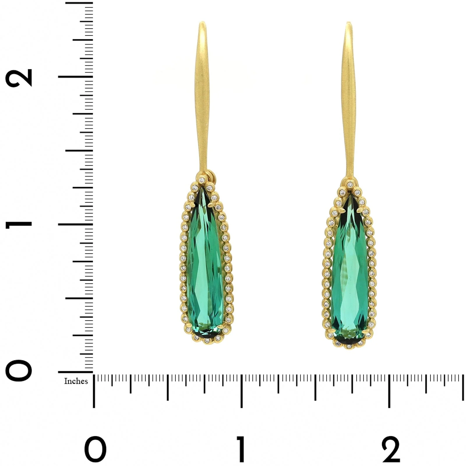Suzy Landa 18K Yellow Gold Pear Shaped Green Tourmaline and Diamond Drop Earrings - Image 2