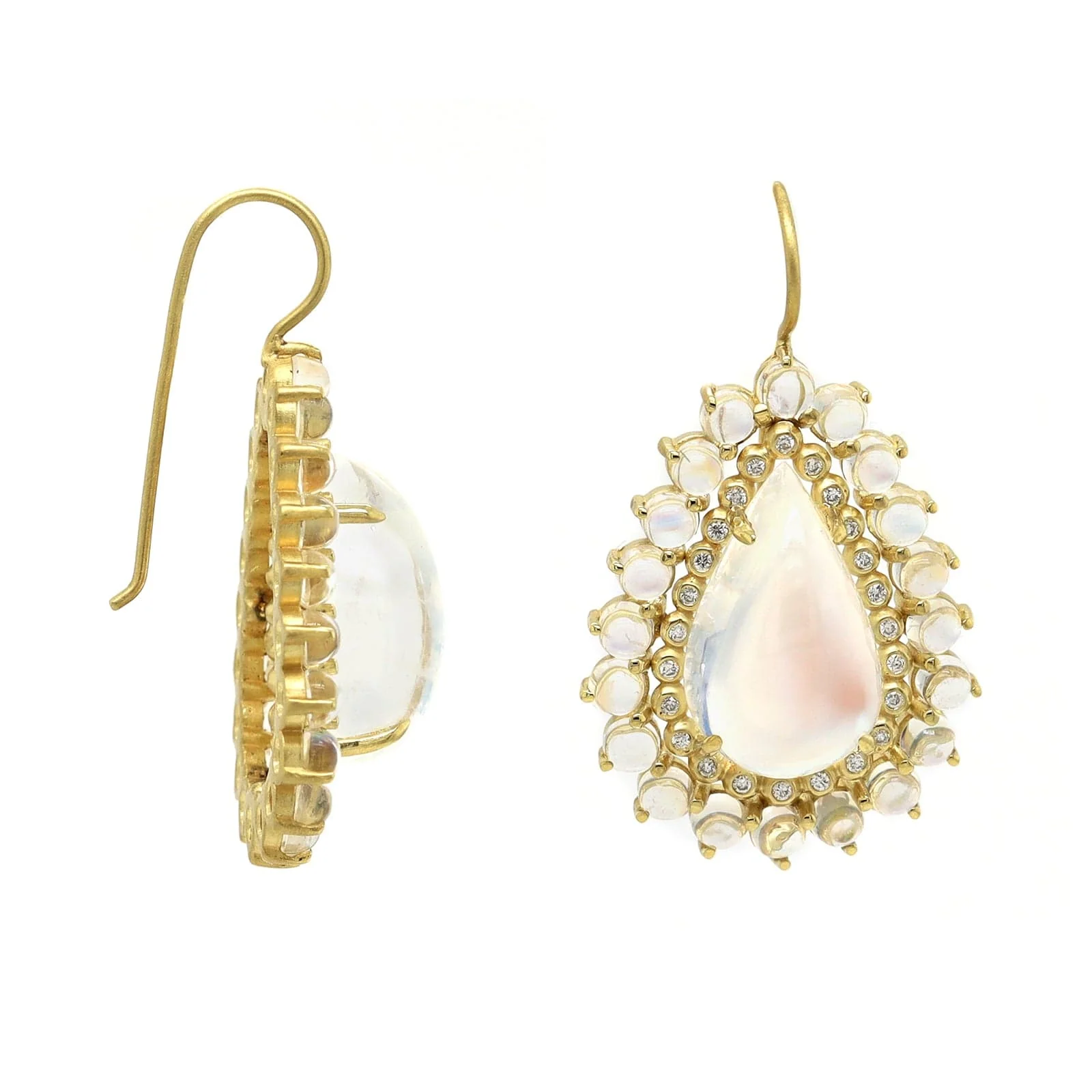 Suzy Landa 18K Yellow Gold Pear Shaped Moonstone and Diamond Drop Earrings