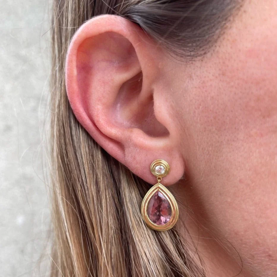 18K Yellow Gold Pear Shape Tourmaline Drop Earrings - Image 2
