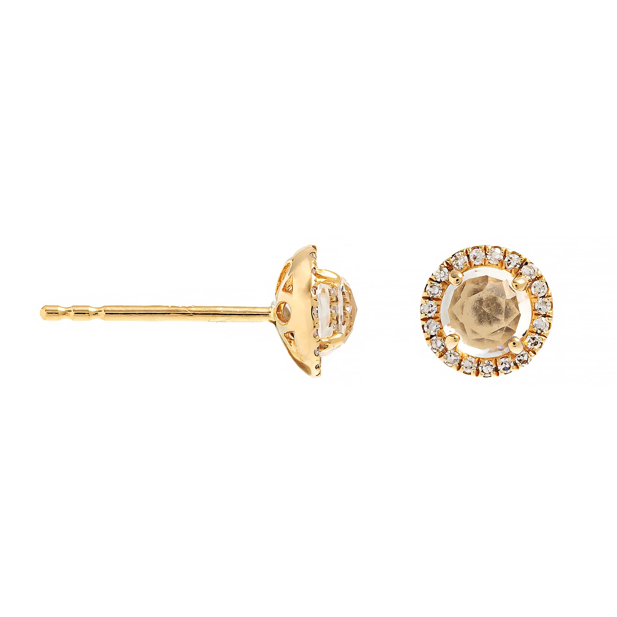 14K Yellow Gold Round White Topaz and Diamond Halo Stud Earrings