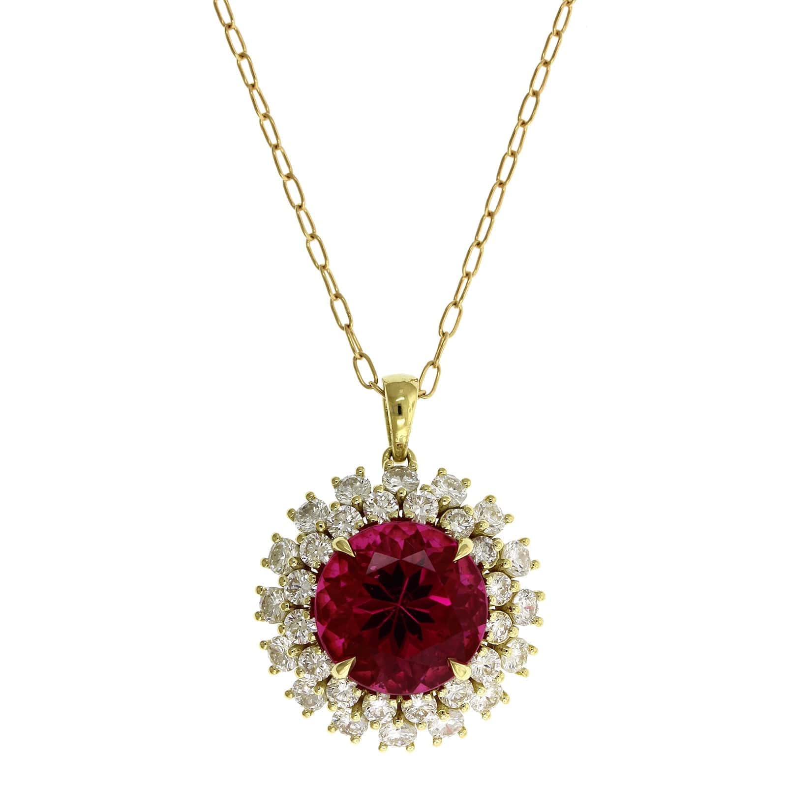18K Yellow Gold Rubellite Tourmaline Diamond Halo Pendant - Image 5