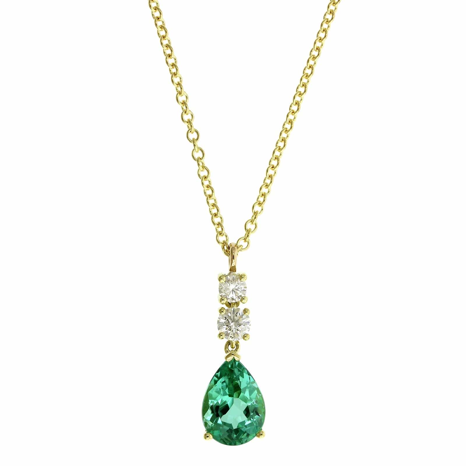 18K Yellow Gold Green Pear Shape Tourmaline Diamond Pendant