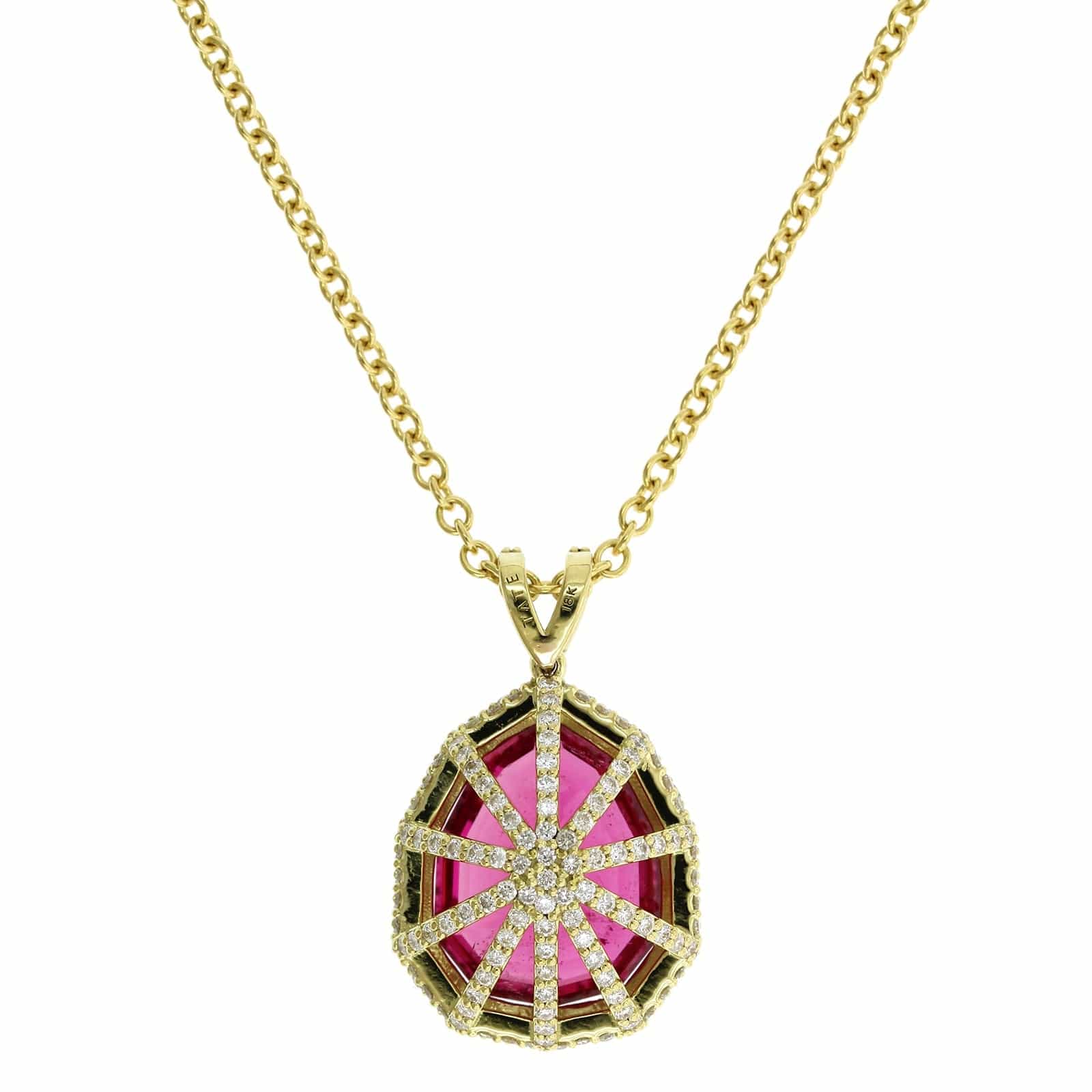 18K Yellow Gold Rubellite Diamond Halo Pendant - Image 2