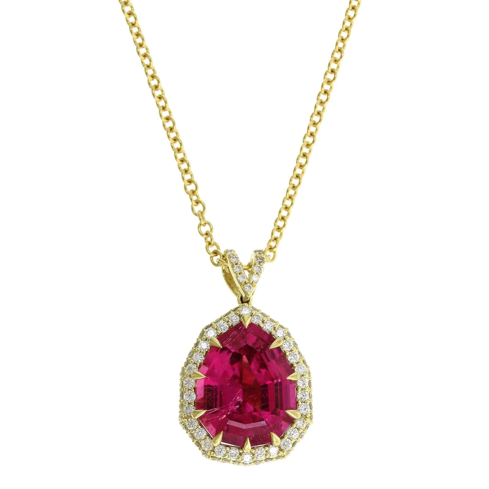 18K Yellow Gold Rubellite Diamond Halo Pendant - Image 5