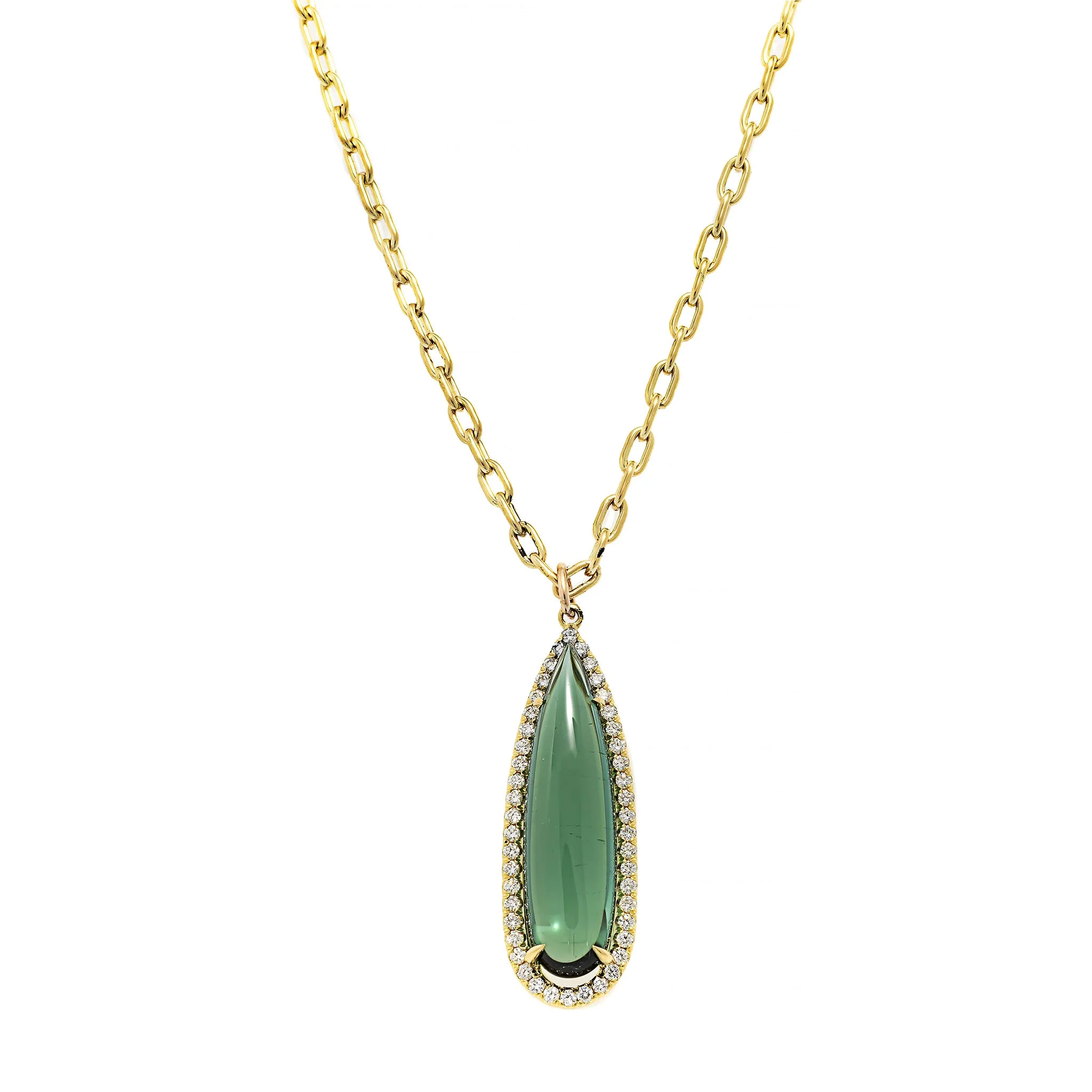18K Yellow Gold Pear Shaped Green Tourmaline and Diamond Halo Pendant Necklace - Image 5