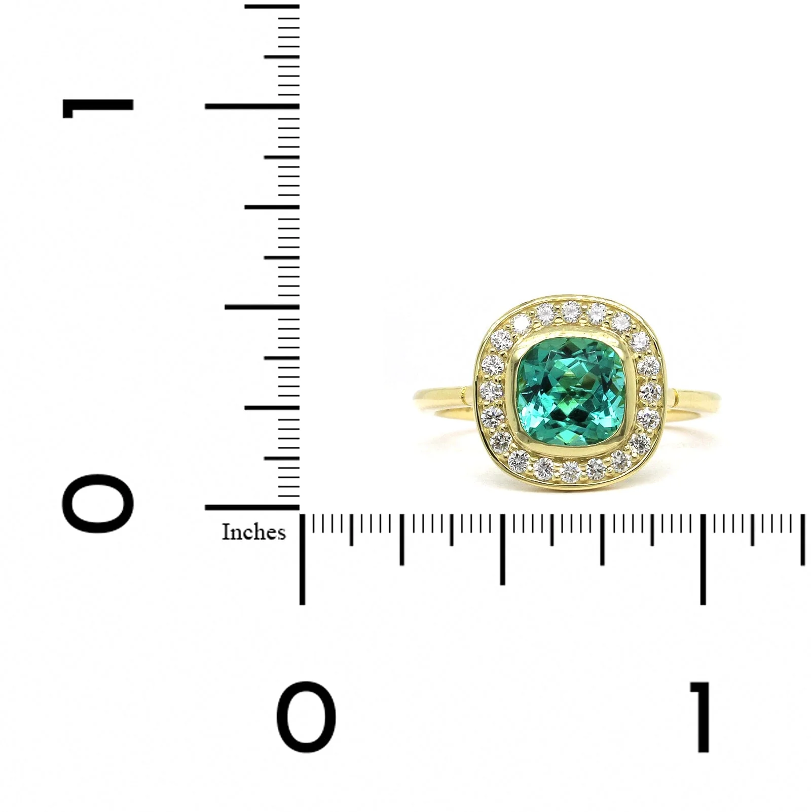 18K Yellow Gold Blue Green Tourmaline Diamond Halo Ring - Image 3