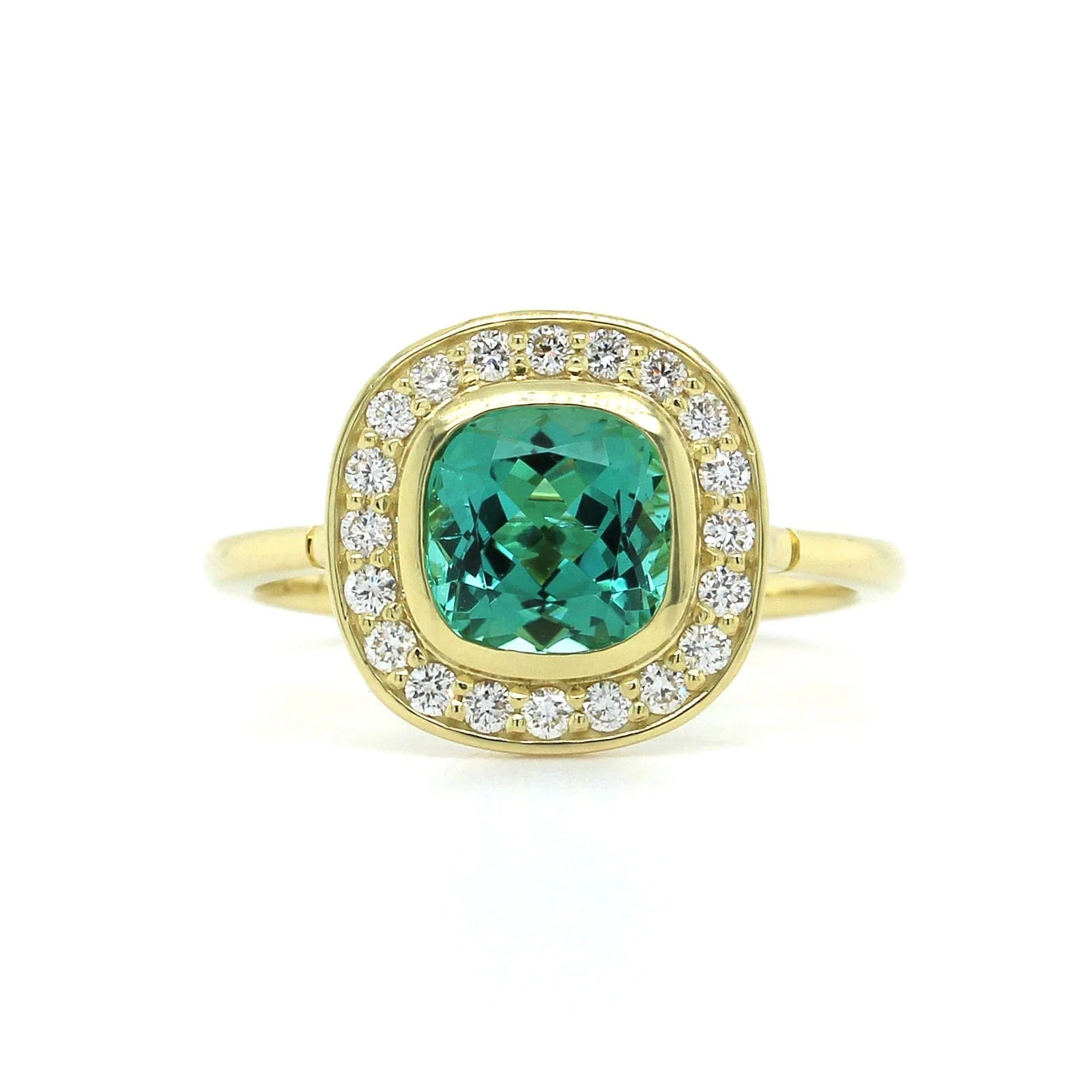 18K Yellow Gold Blue Green Tourmaline Diamond Halo Ring - Image 4