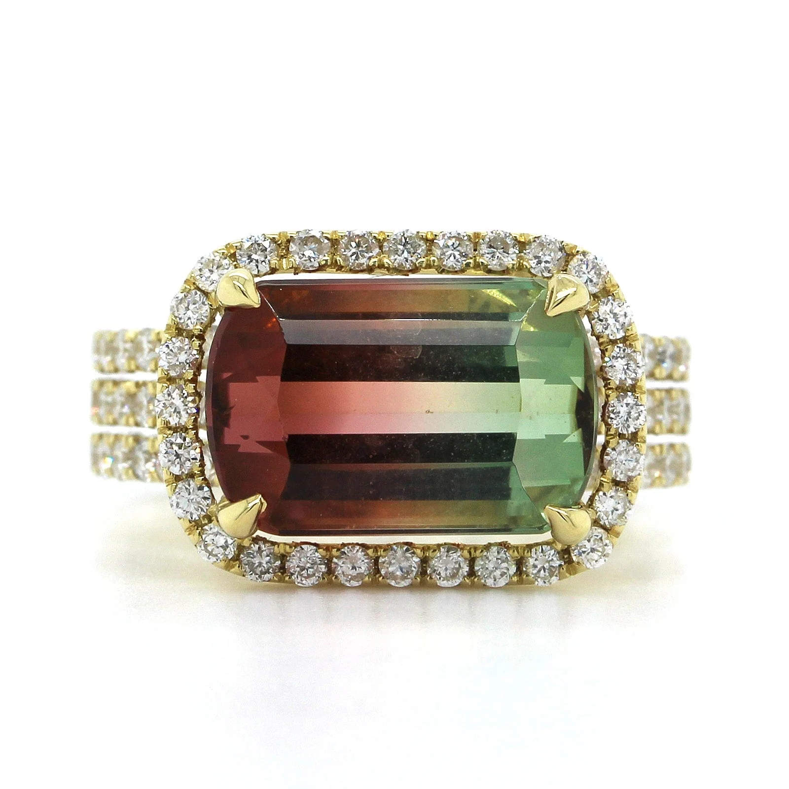 18K Yellow Gold Tri Color Tourmaline Diamond Ring