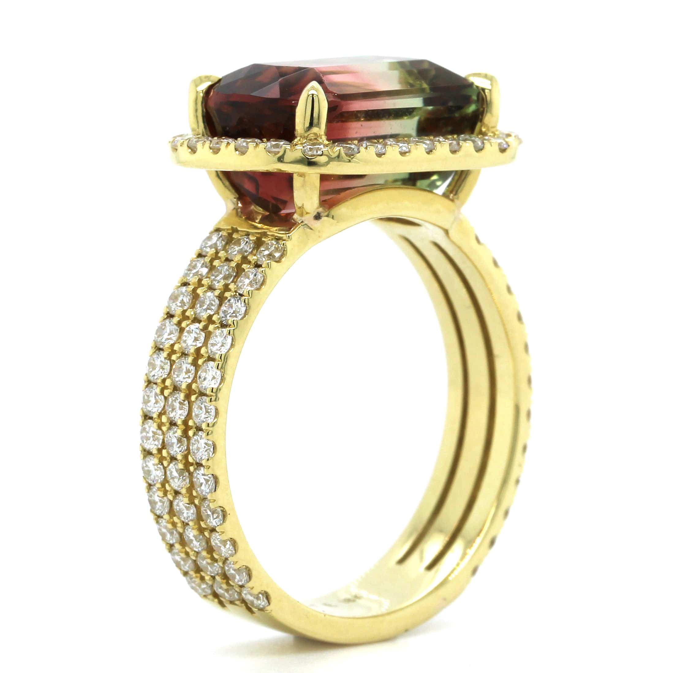 18K Yellow Gold Tri Color Tourmaline Diamond Ring - Image 2