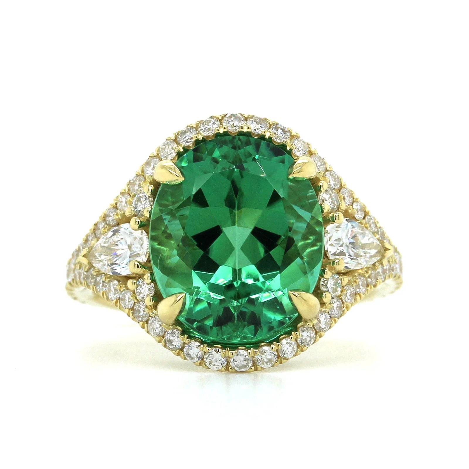 18K Yellow Gold Oval Green Tourmaline Diamond Ring - Image 4