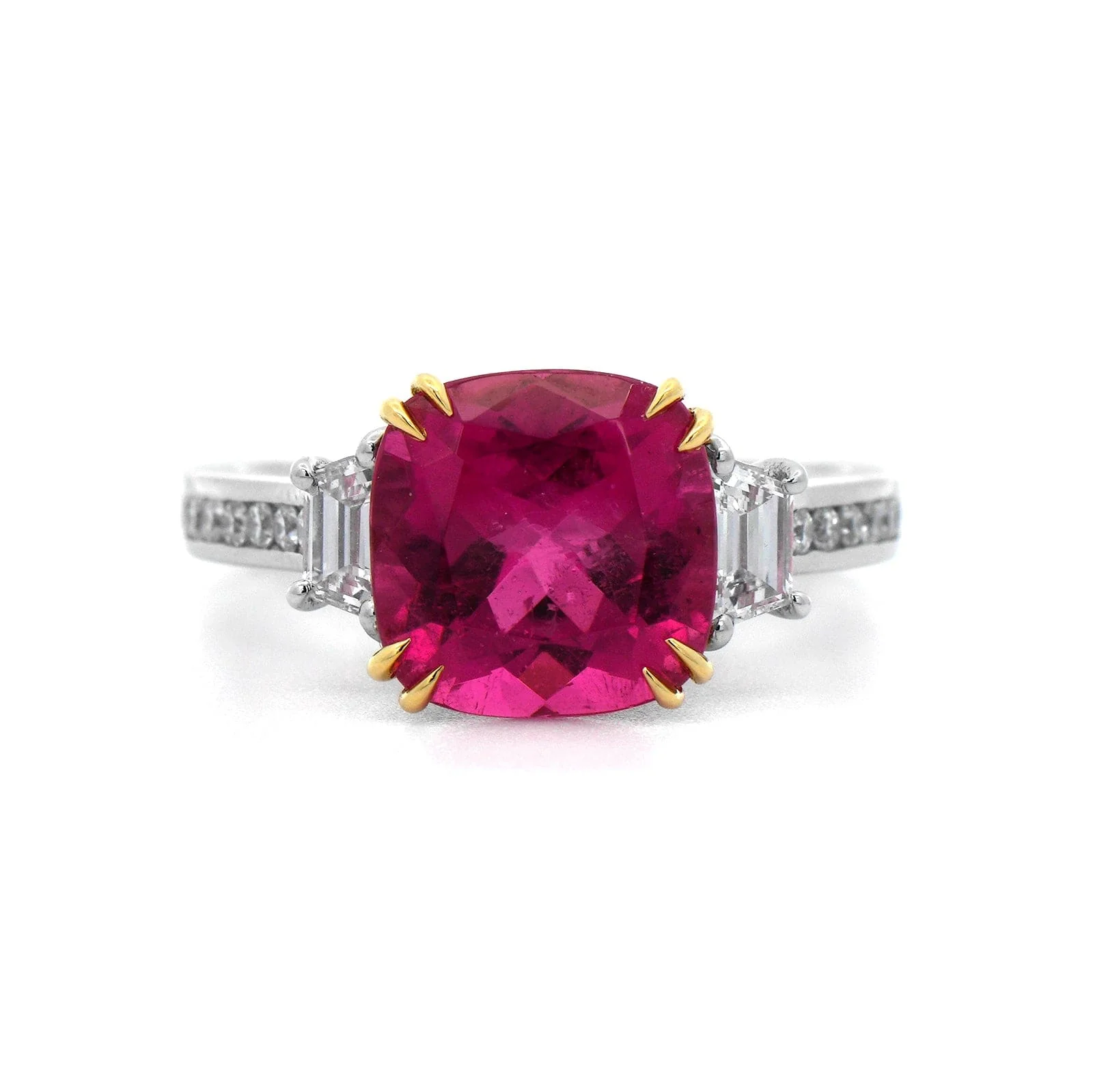 Platinum and 18K Yellow Gold Pink Tourmaline and Diamond 3 Stone Ring