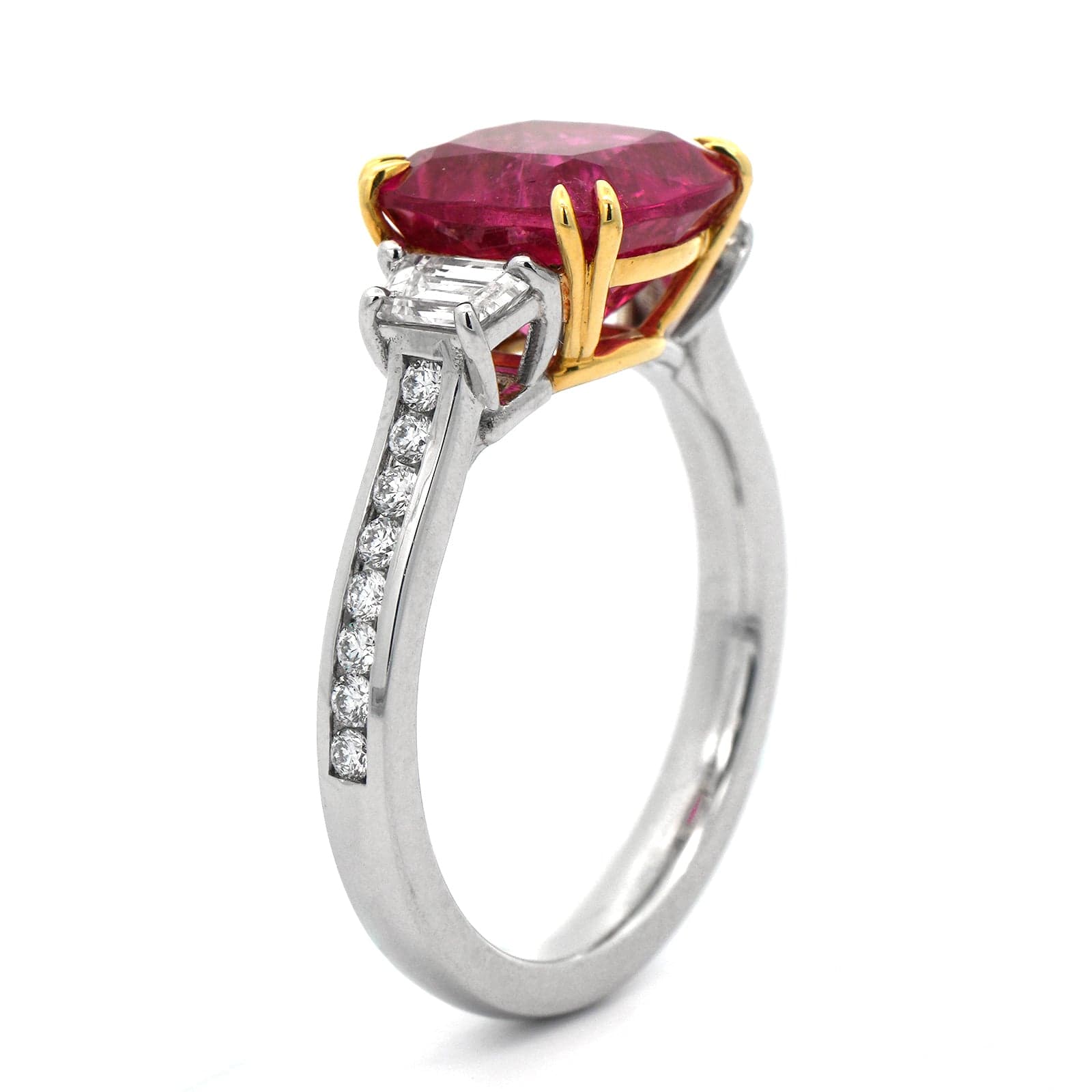 Platinum and 18K Yellow Gold Pink Tourmaline and Diamond 3 Stone Ring - Image 2