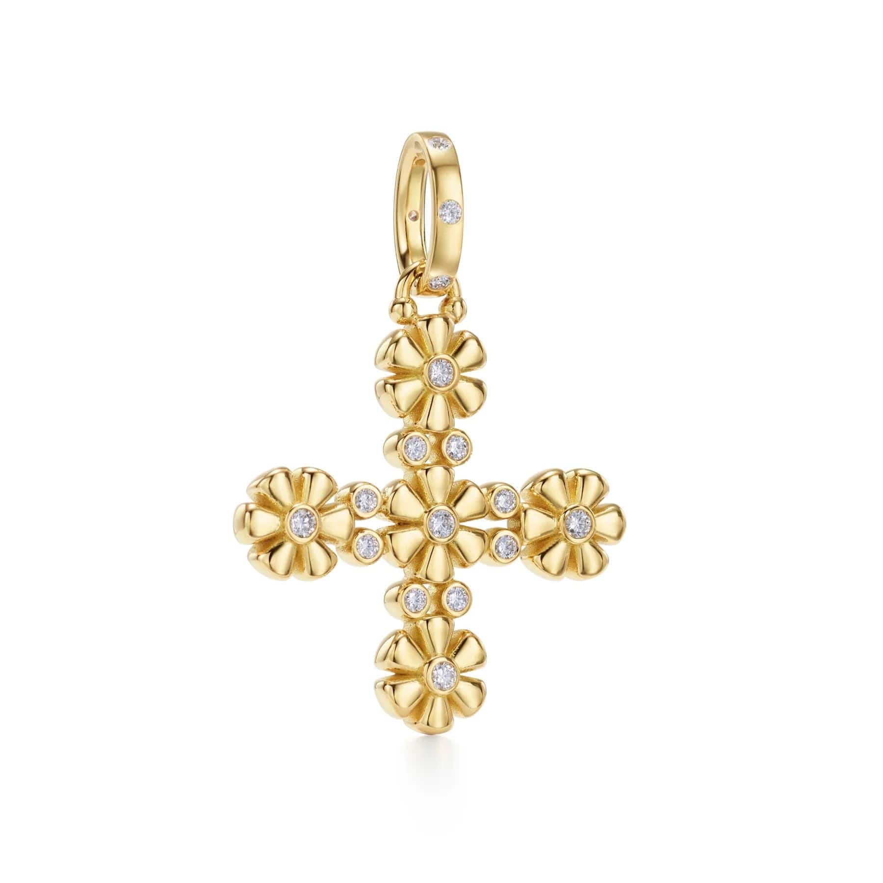 Temple St. Clair 18K Yellow Gold Diamond Fiori Flower Cross Pendant