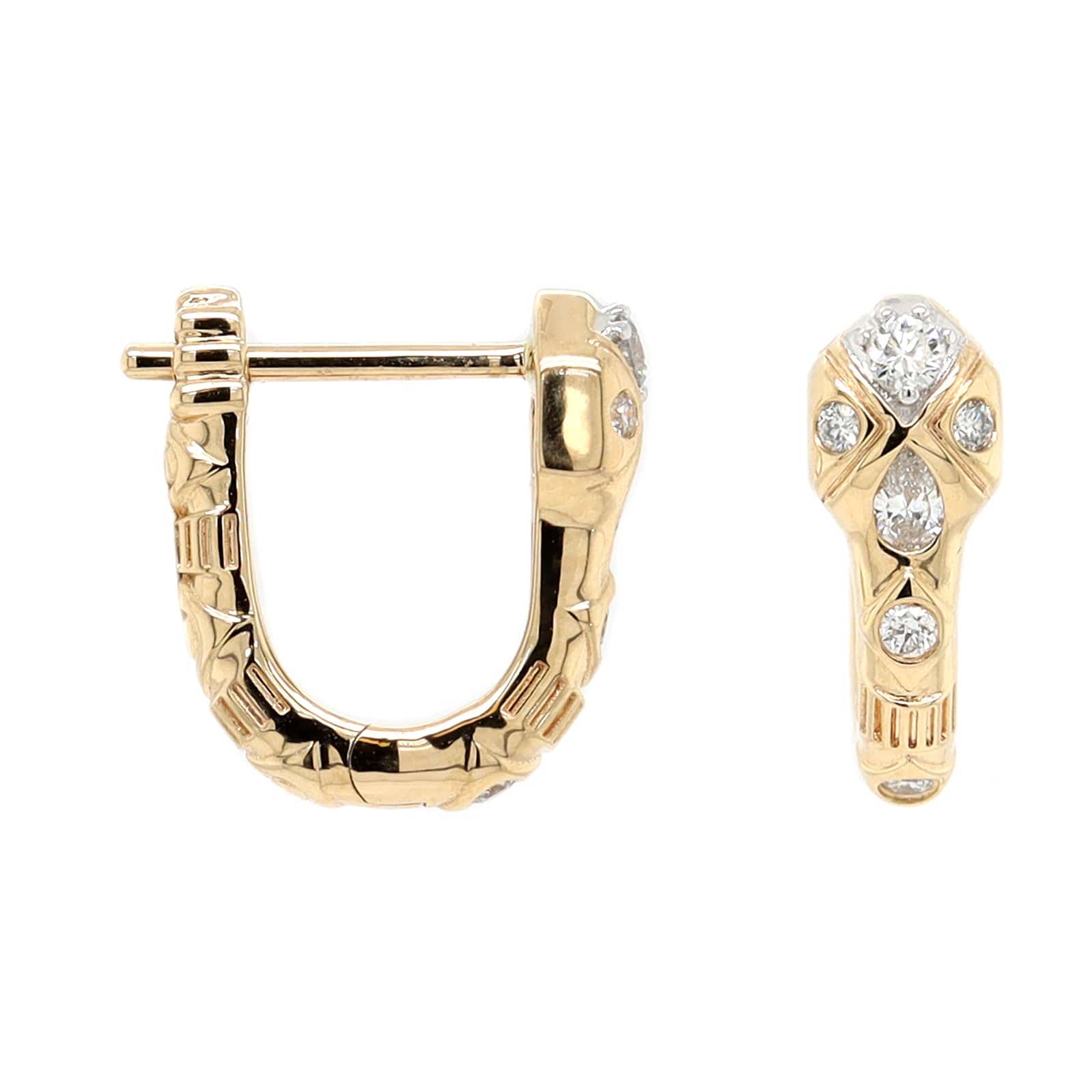 Three Stories 14K Yellow Gold Copperhead Diamond Snake Huggie Hoops