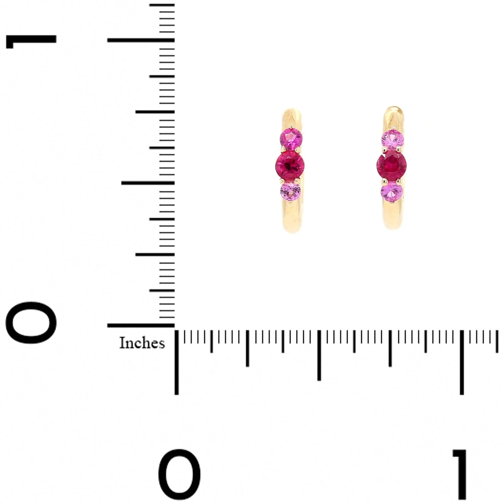 Three Stories 14K Yellow Gold Small 3 Pink Sapphire Prong Hoops - Image 2