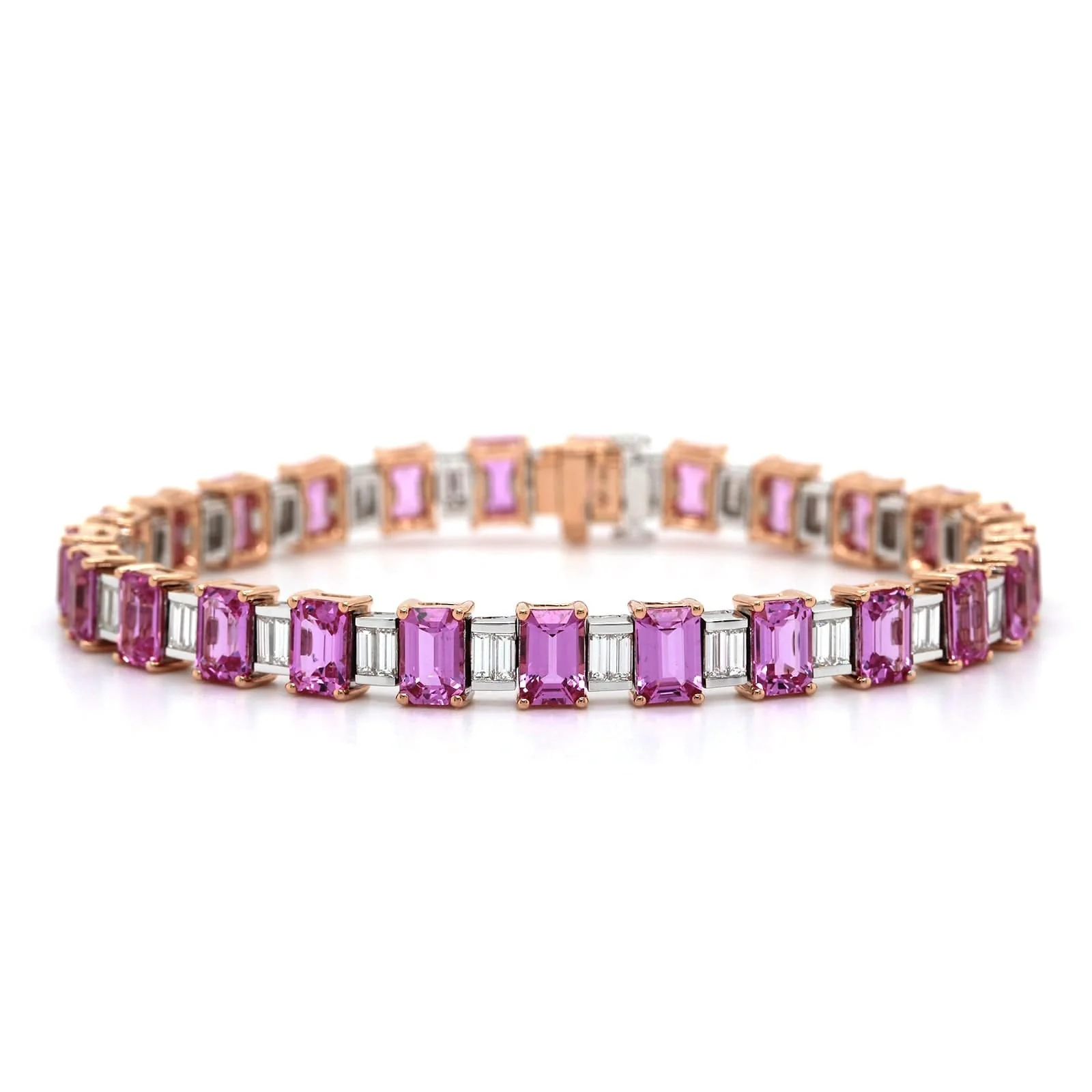 18K Rose and White Gold Emerald Pink Sapphire and Diamond Line Bracelet