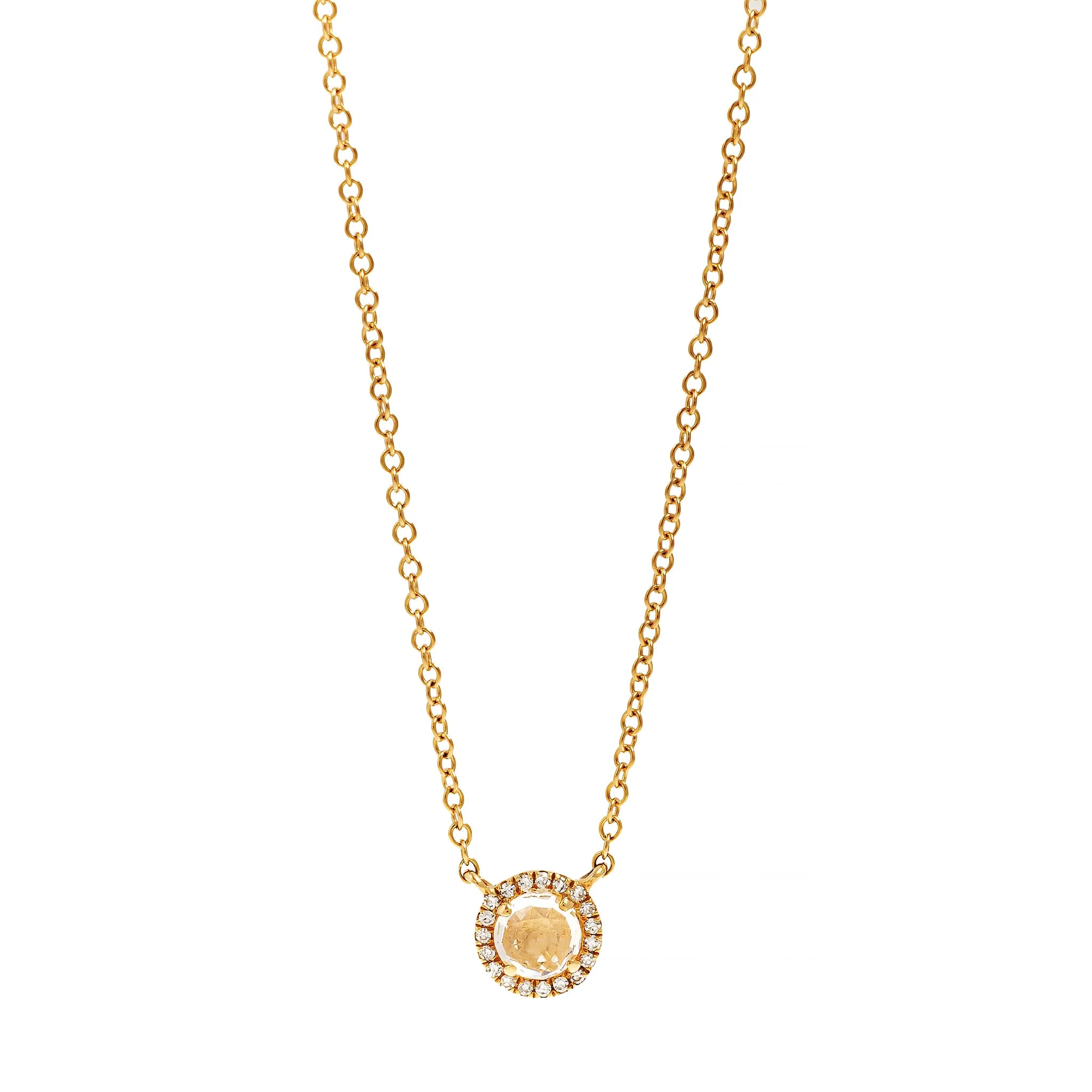 14K Yellow Gold Round White Topaz and Diamond Halo Pendant Necklace