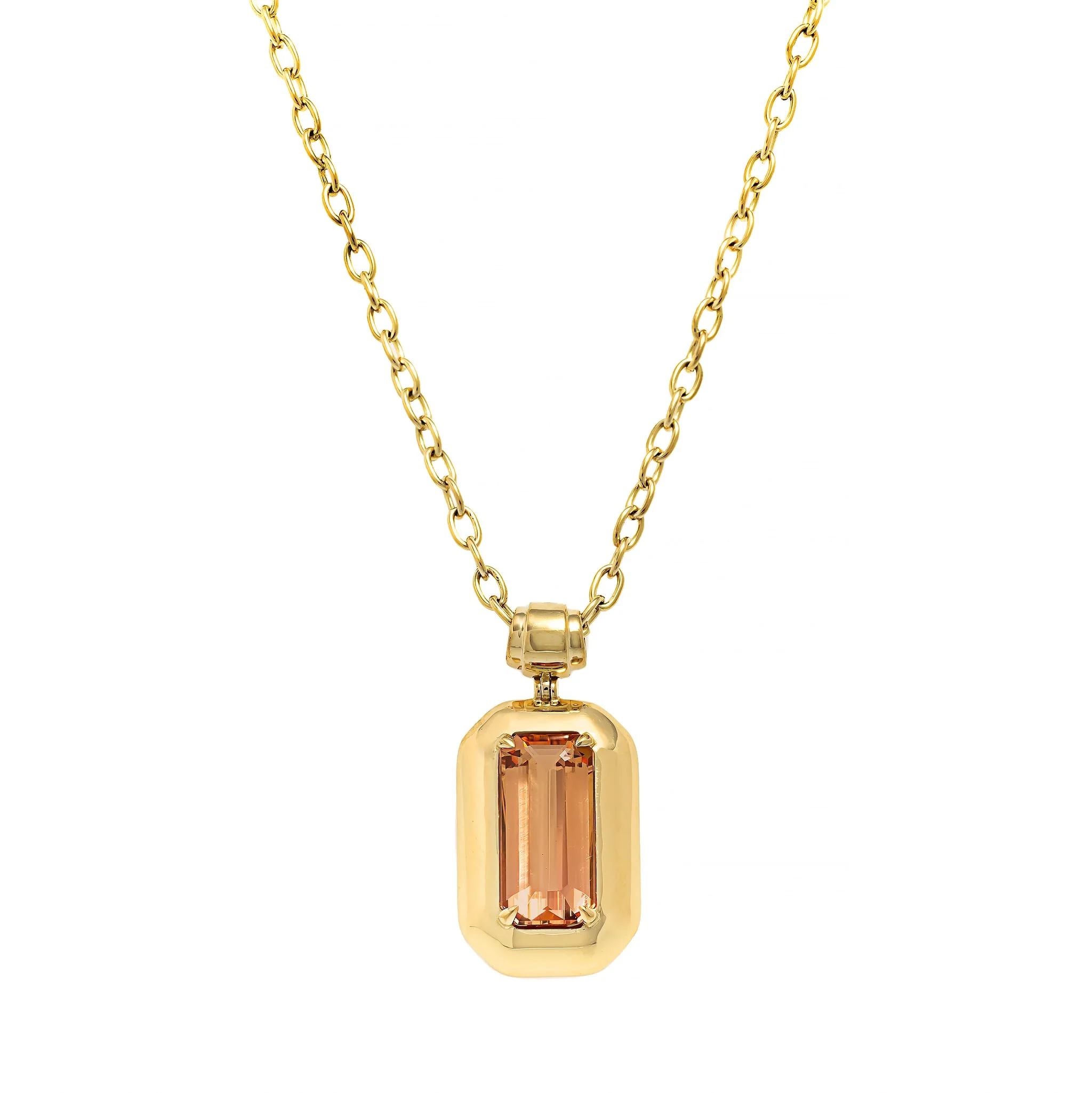18K Yellow Gold Bezel Set Emerald Cut Imperial Topaz Pendant Necklace - Image 5