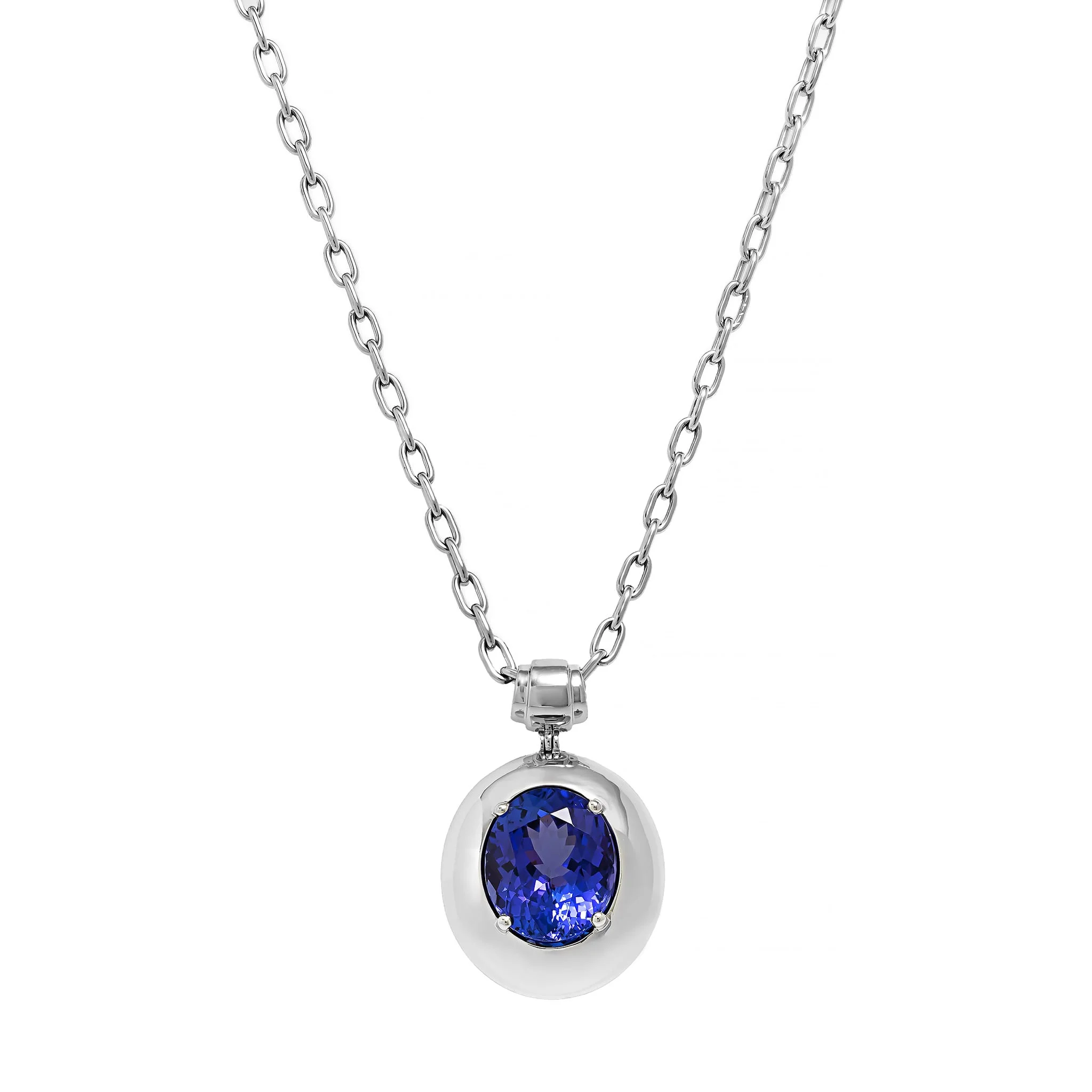 18K White Gold Bezel Set Oval Tanzanite Pendant Necklace